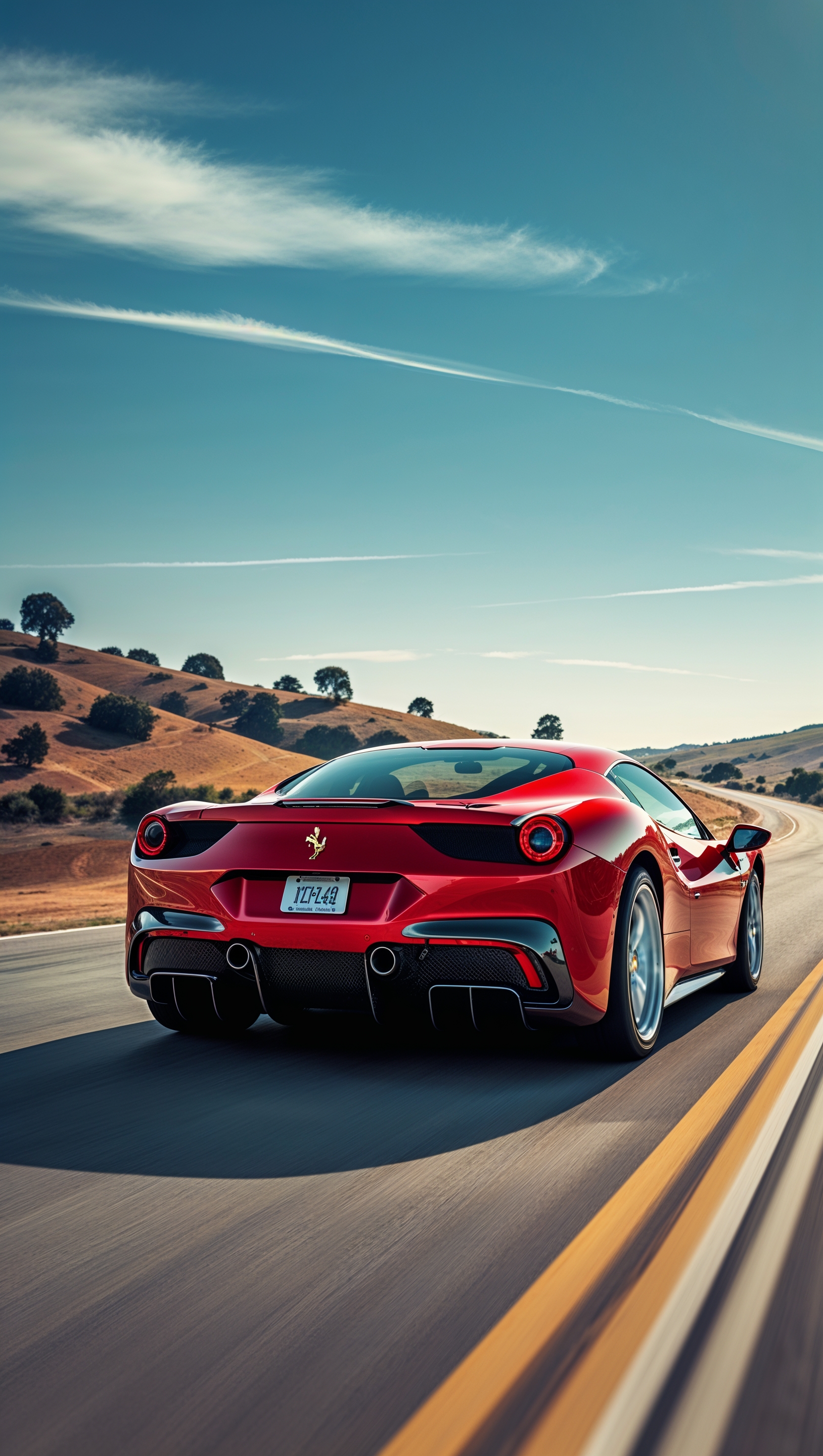 iPhone wallpaper with Ferrari rear view and open road