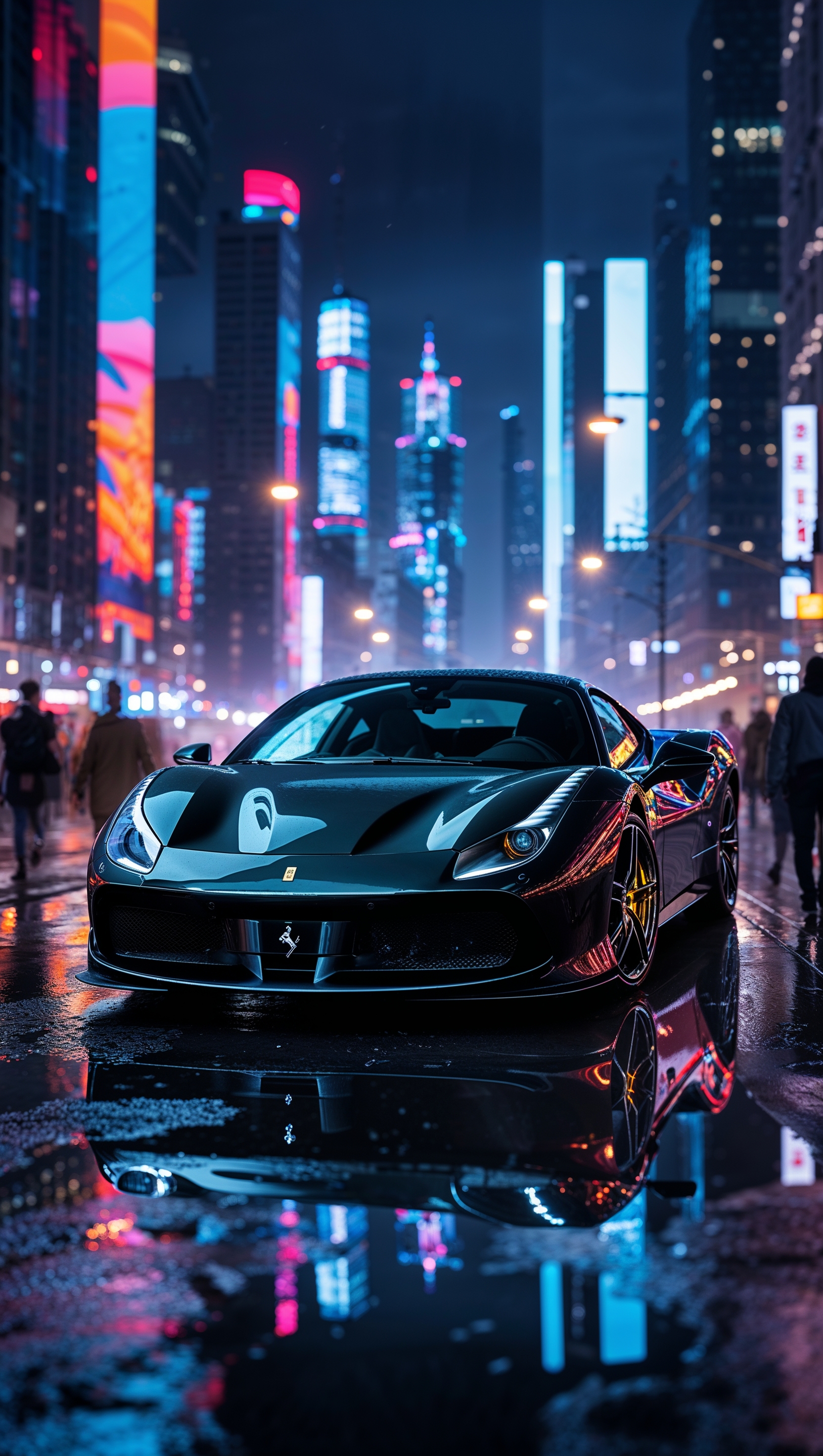 iPhone wallpaper featuring a shiny black Ferrari in a city night