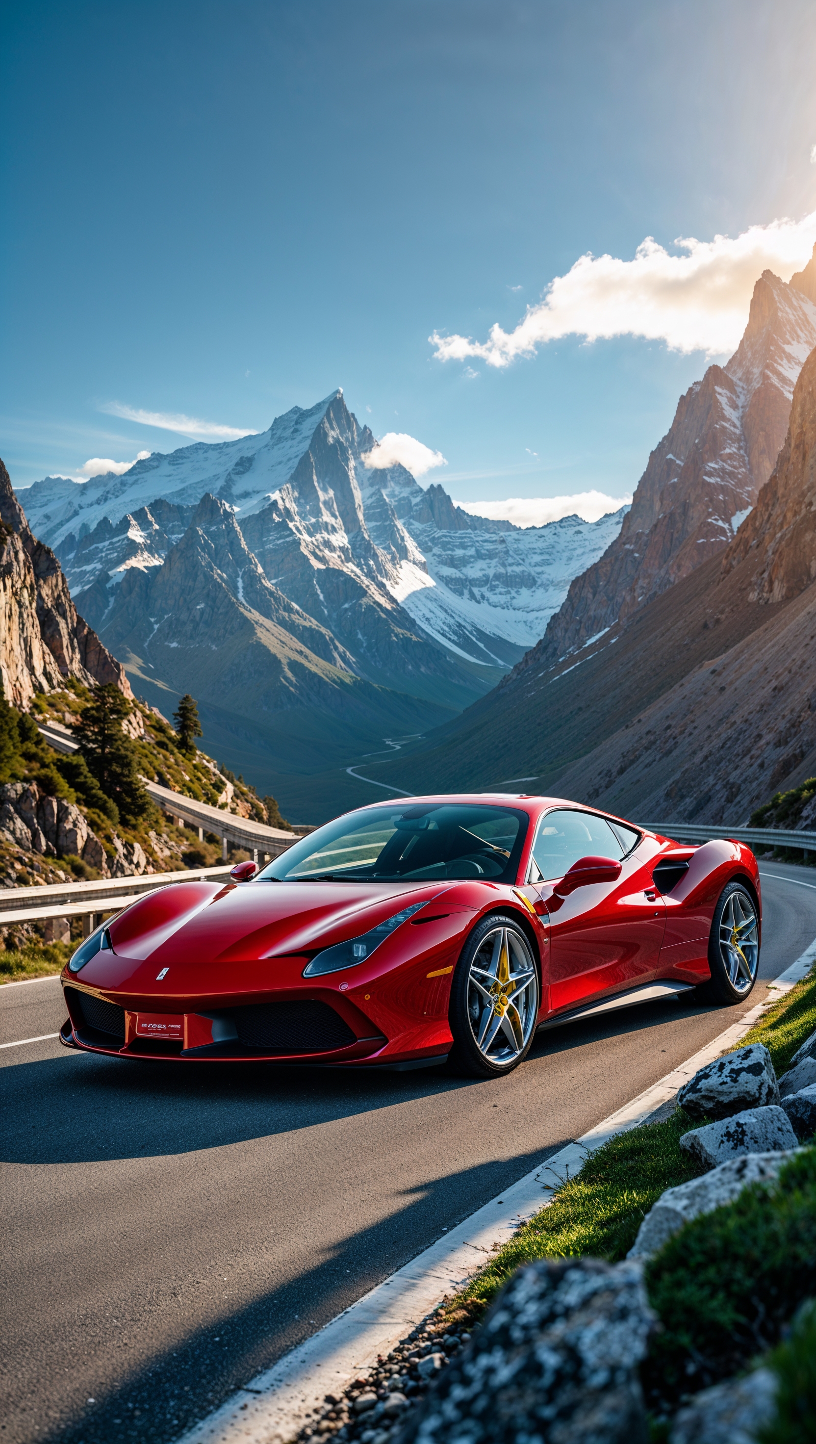 iPhone wallpaper with red Ferrari near tall mountains