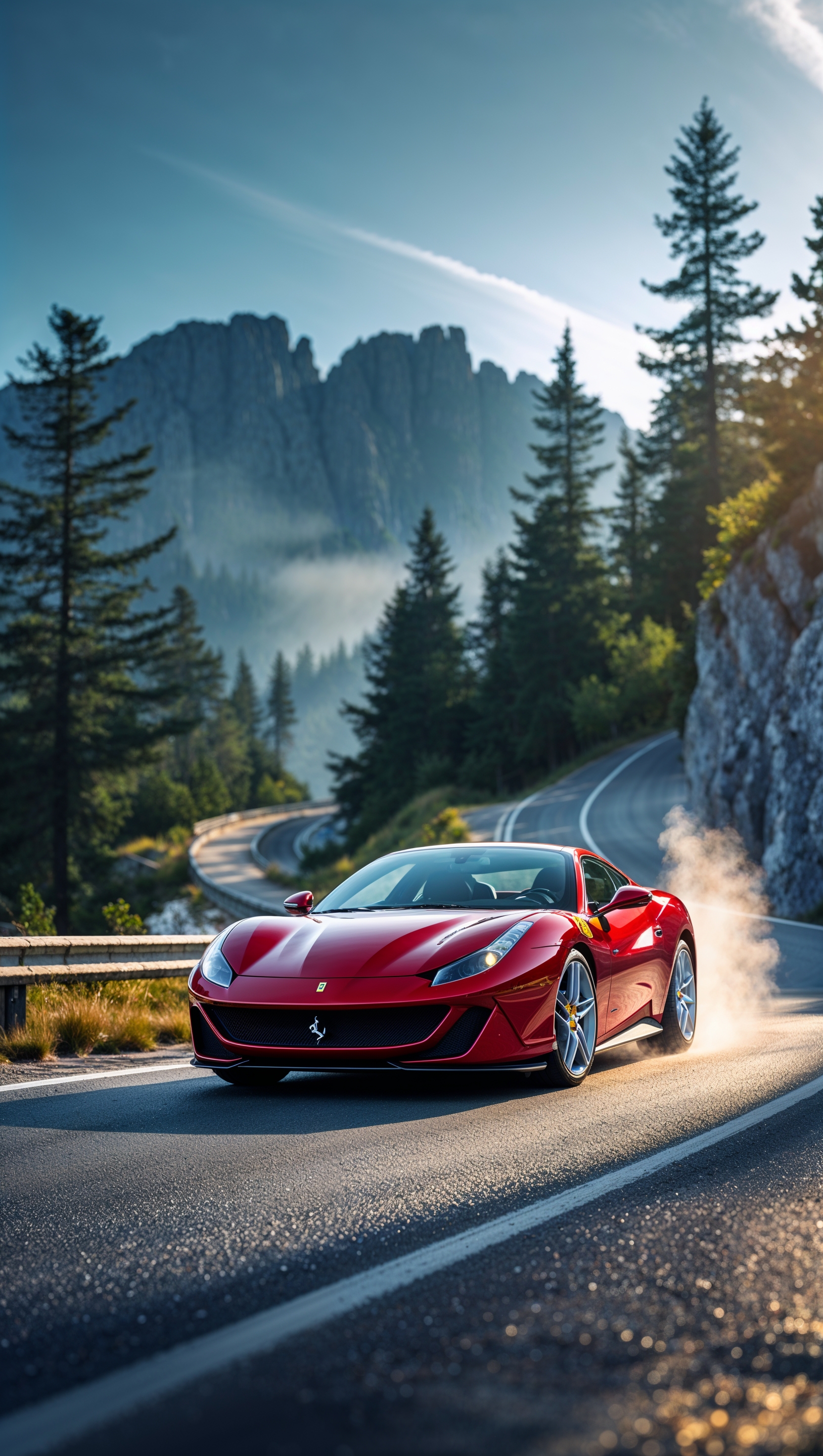 iPhone wallpaper with a red Ferrari sports car on a mountain road