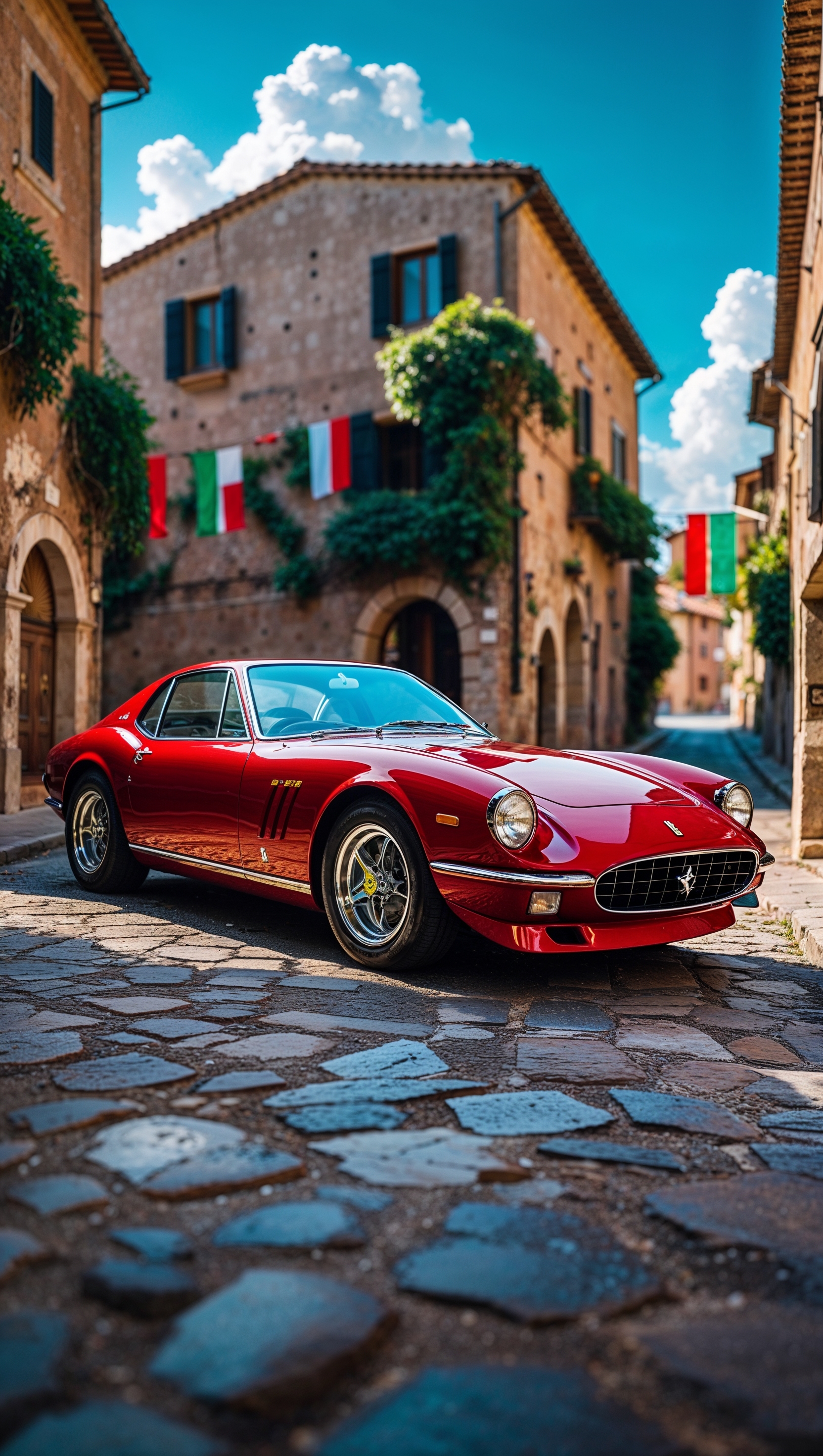 iPhone wallpaper with classic red Ferrari on Italian streets