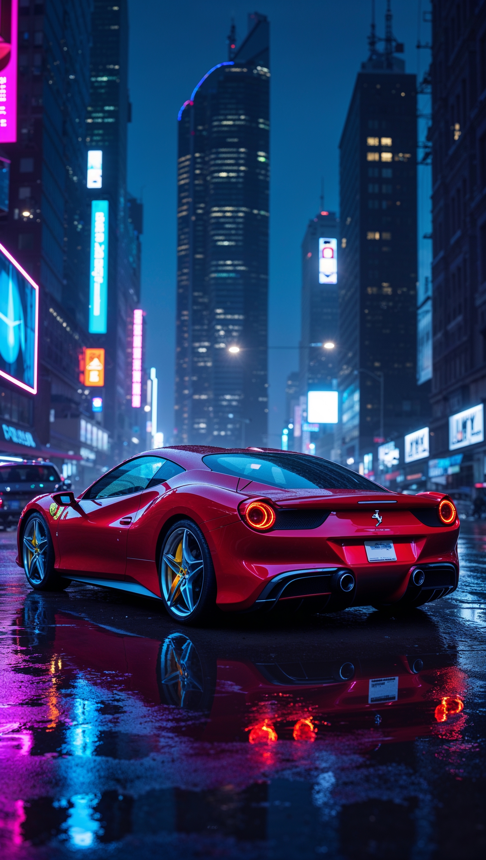 iPhone wallpaper with red Ferrari and neon glow at night