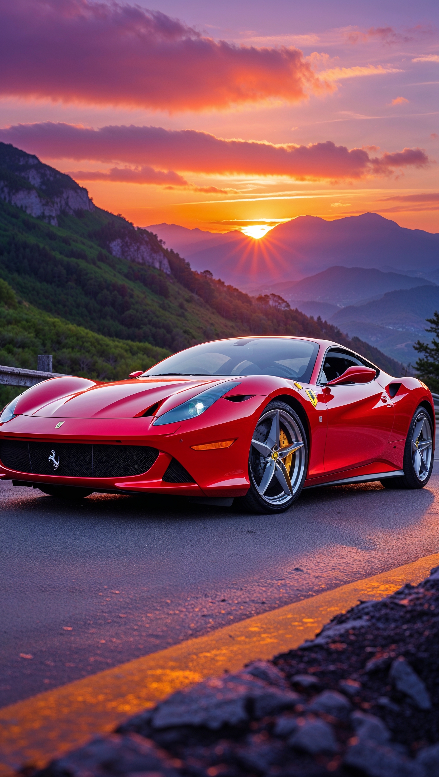 iPhone wallpaper with Ferrari car in golden sunset light