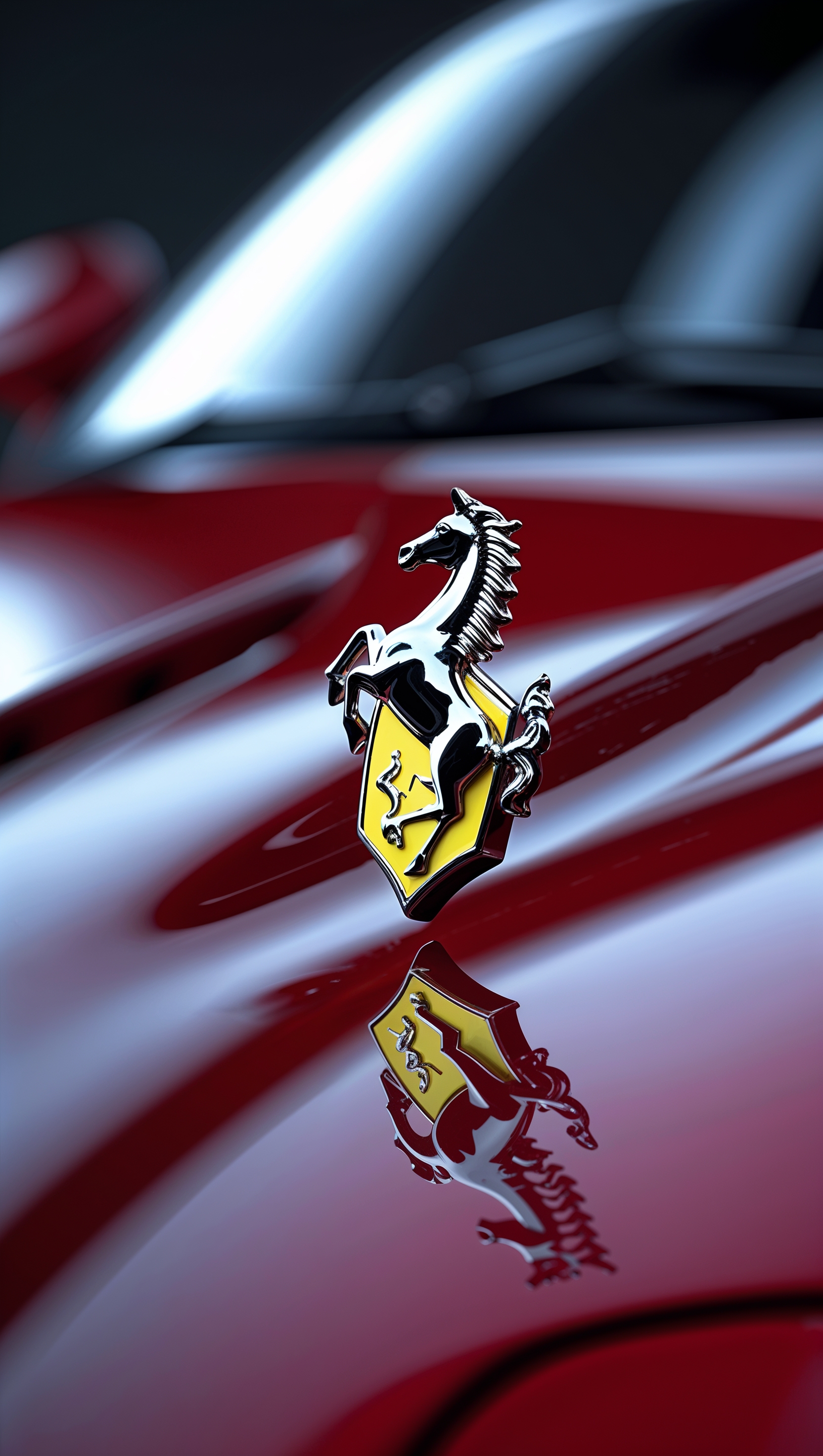 iPhone wallpaper close-up of Ferrari logo on car hood