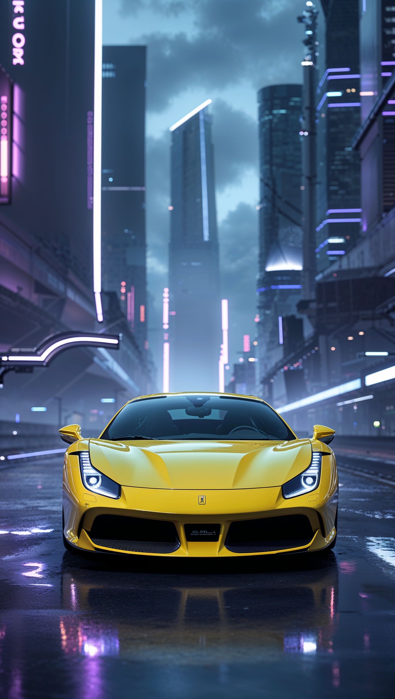 iPhone wallpaper with a yellow Ferrari in a futuristic setting