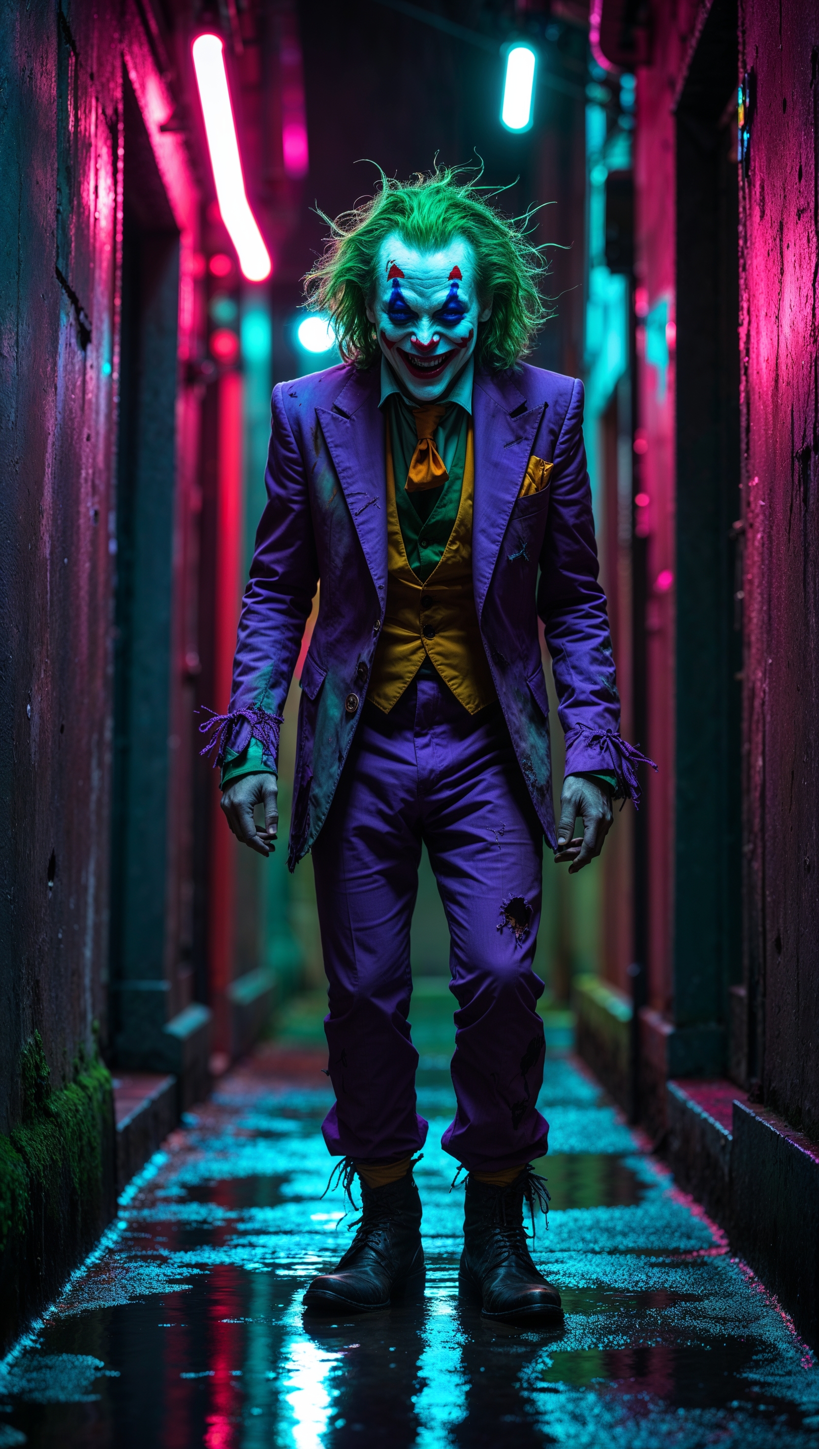 Joker in a dark alley with neon lights