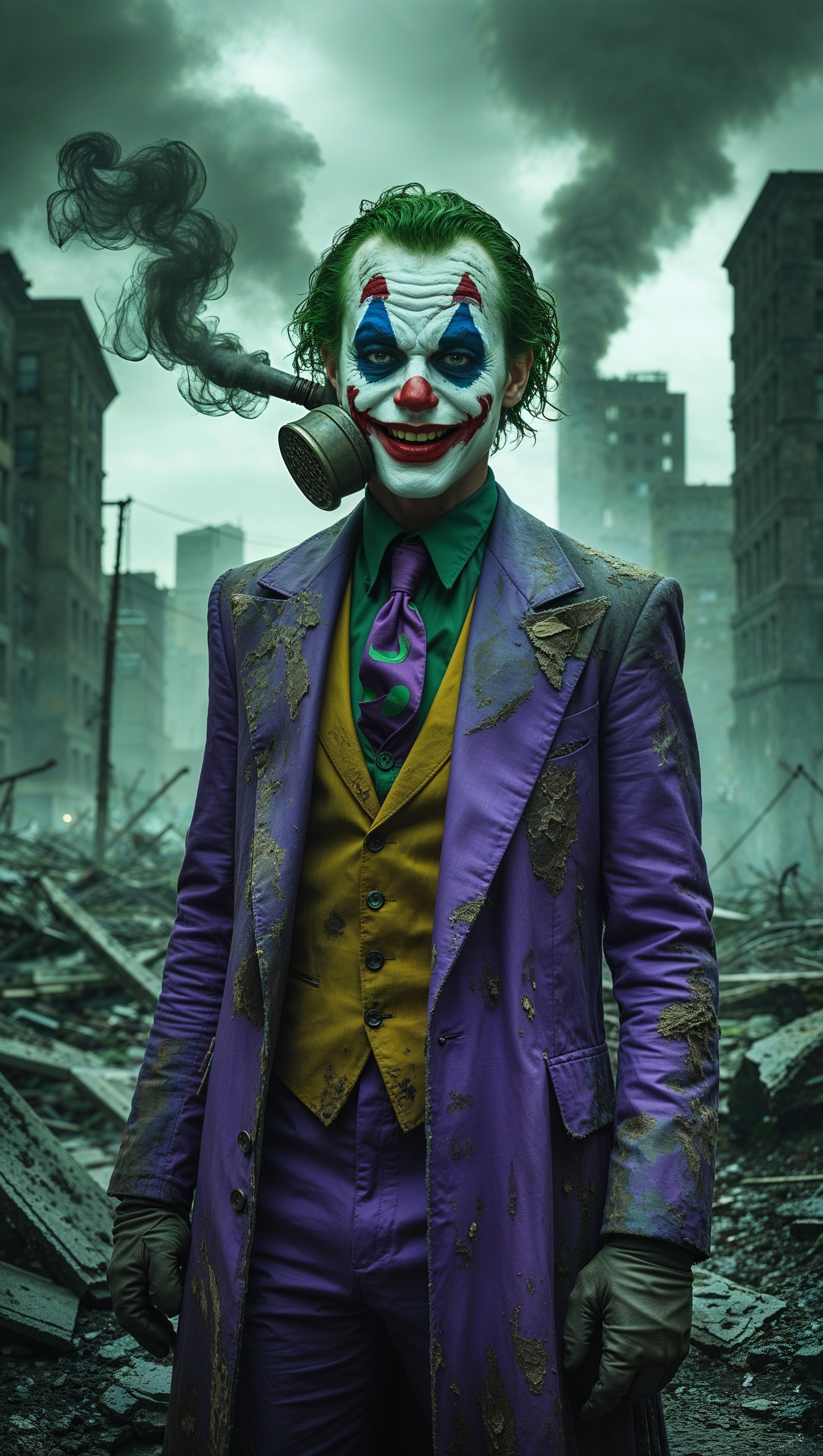 Joker with gas mask in a post-apocalyptic scene