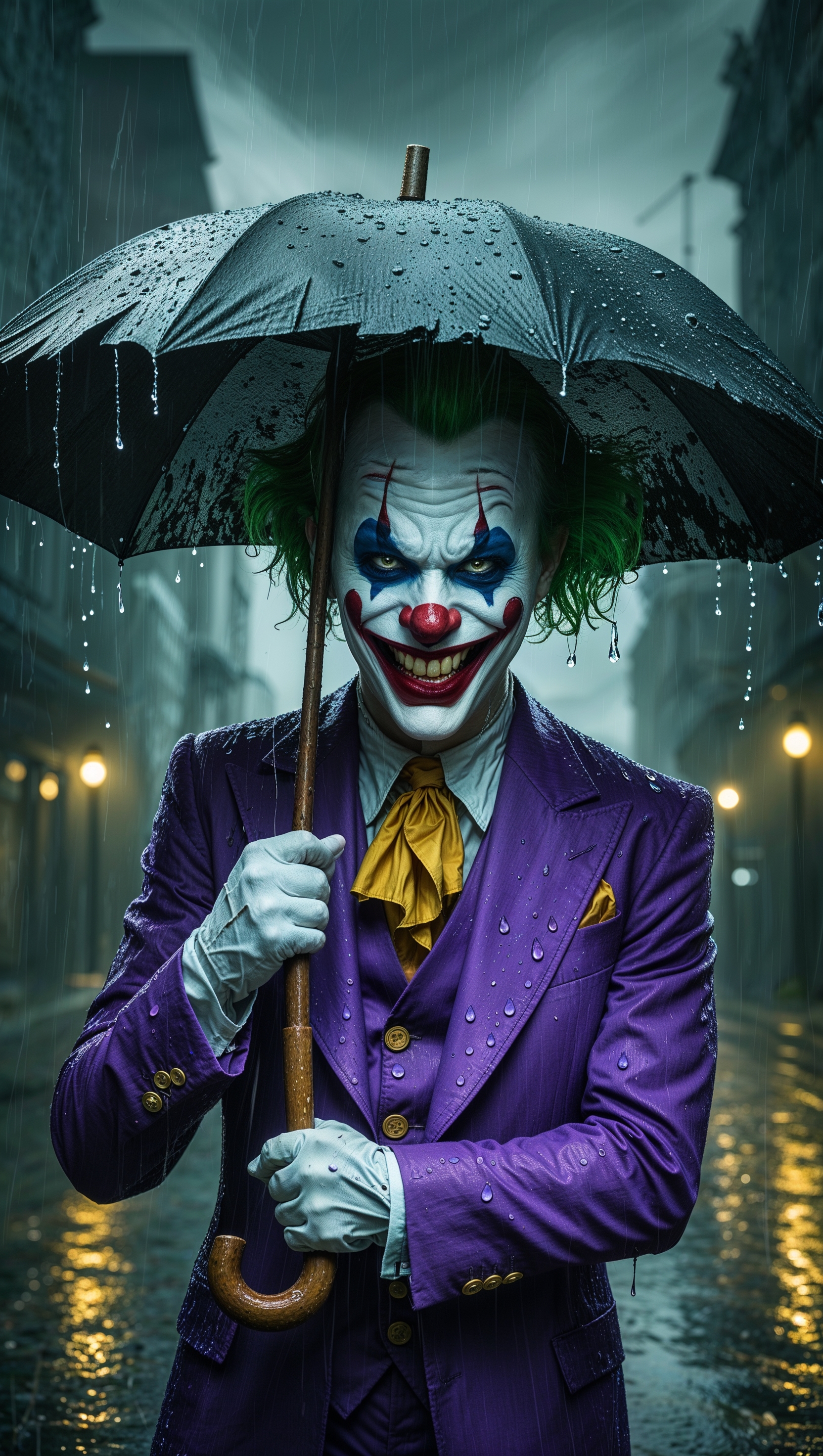 Joker holding an umbrella in the rain