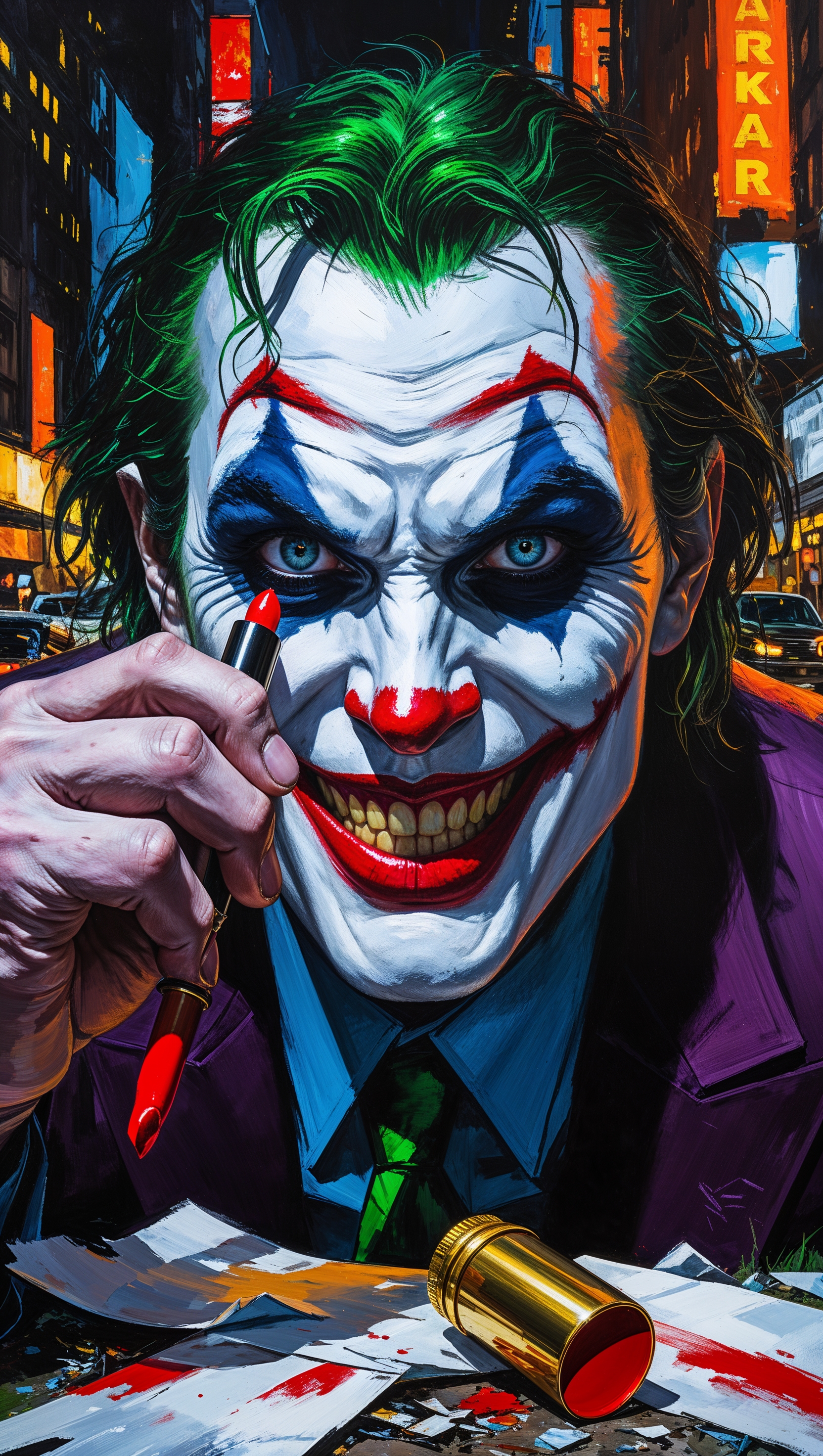Joker drawing a smile with lipstick