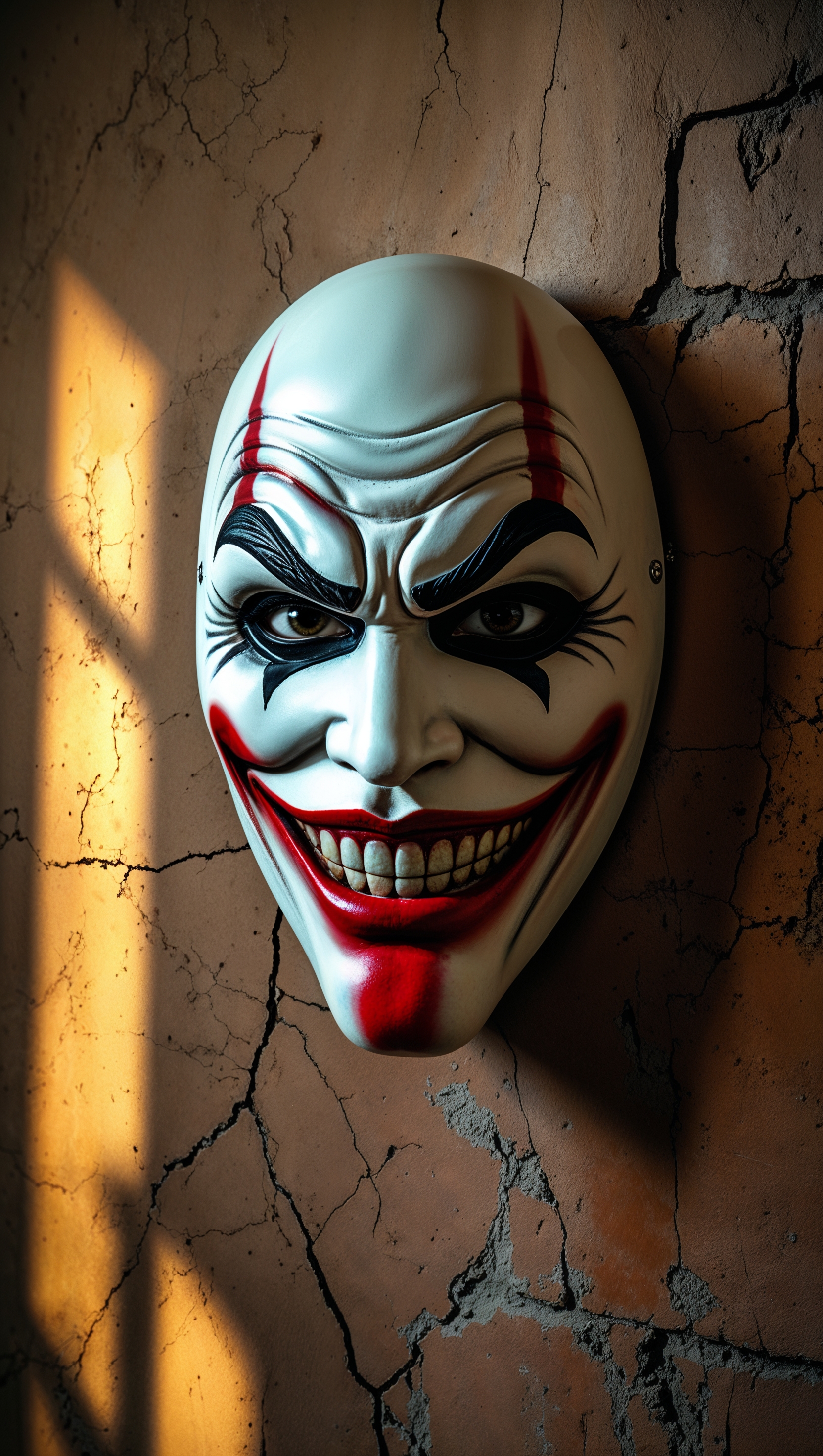 Joker mask hanging on a wall