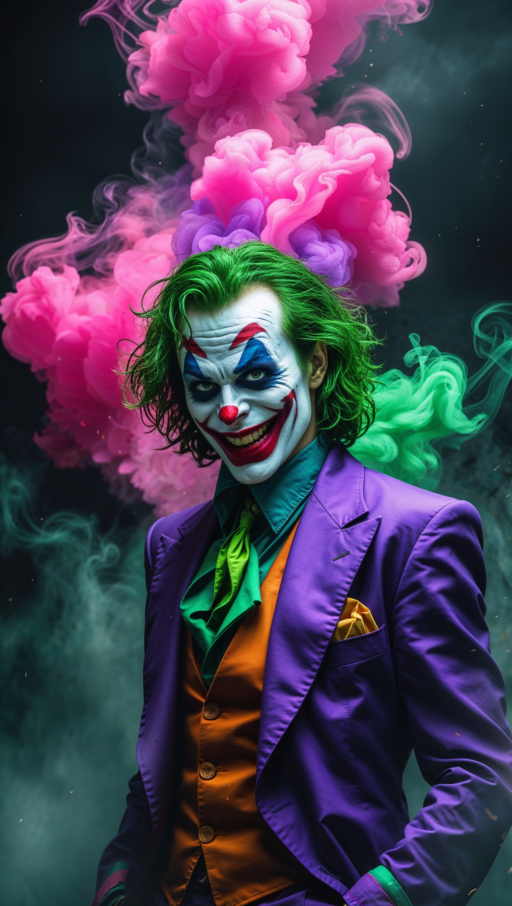 Joker with colorful smoke in a dark background