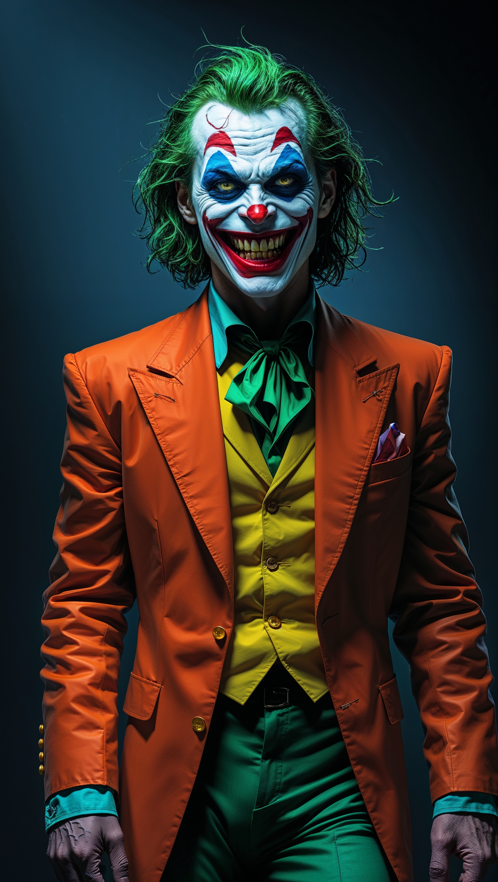 Joker in colorful outfit with a sinister smile
