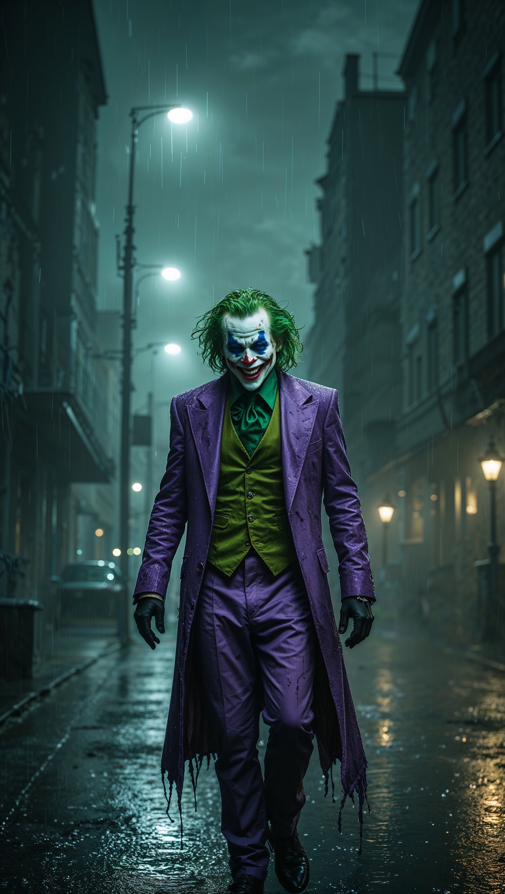 Joker walking in the rainy night