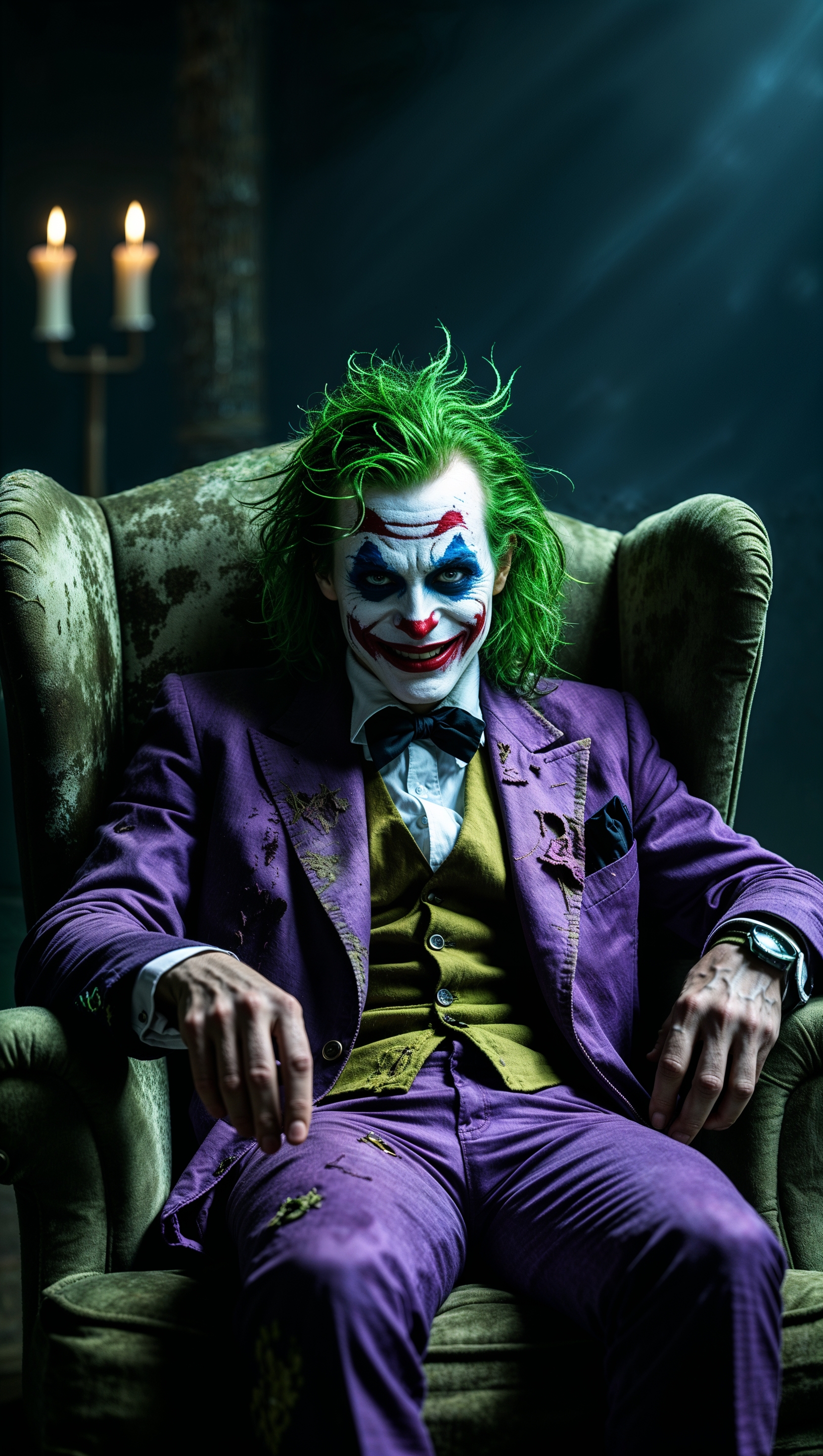 Joker sitting on a chair in a dark room