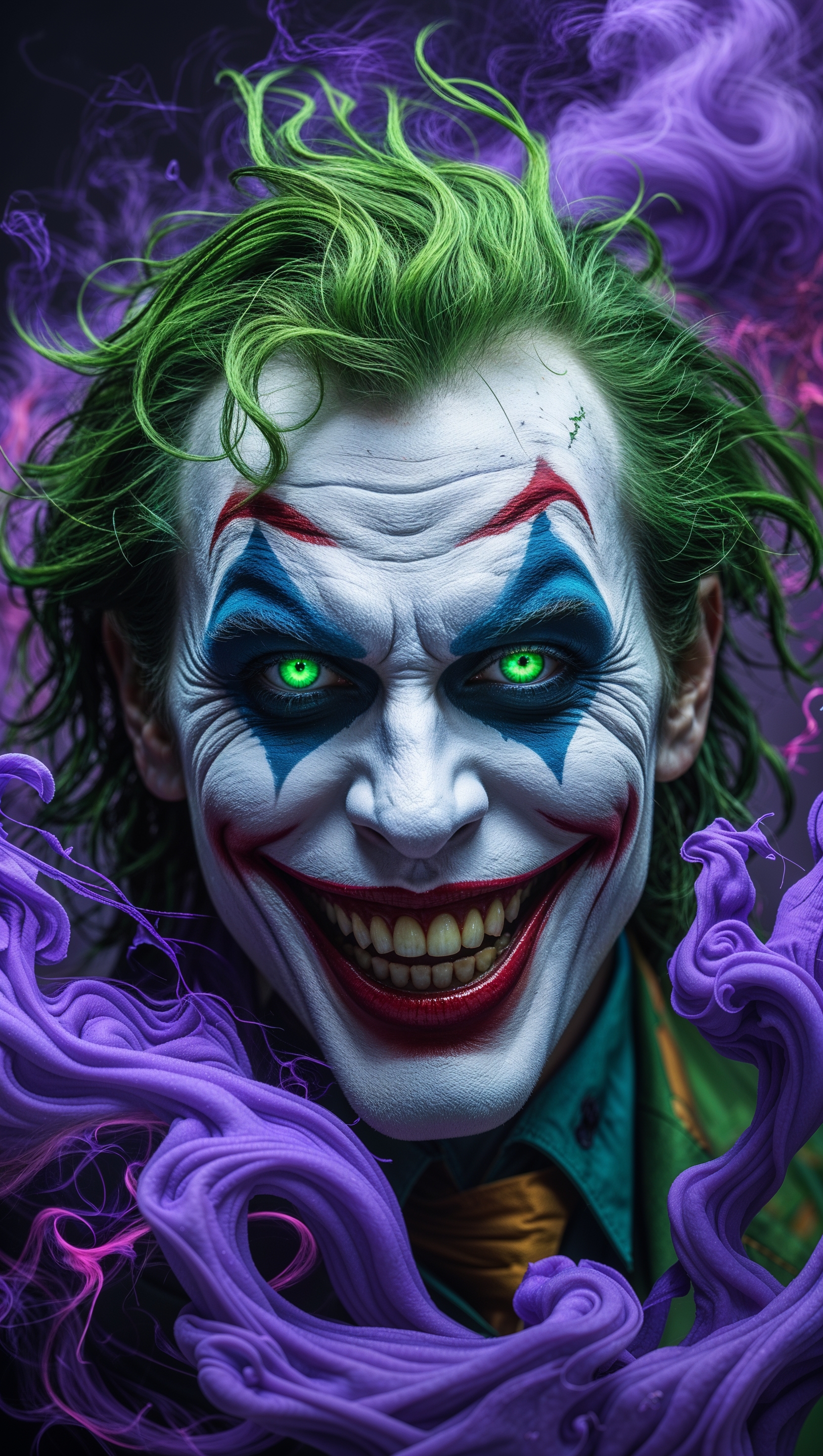 Smiling Joker face with purple smoke background