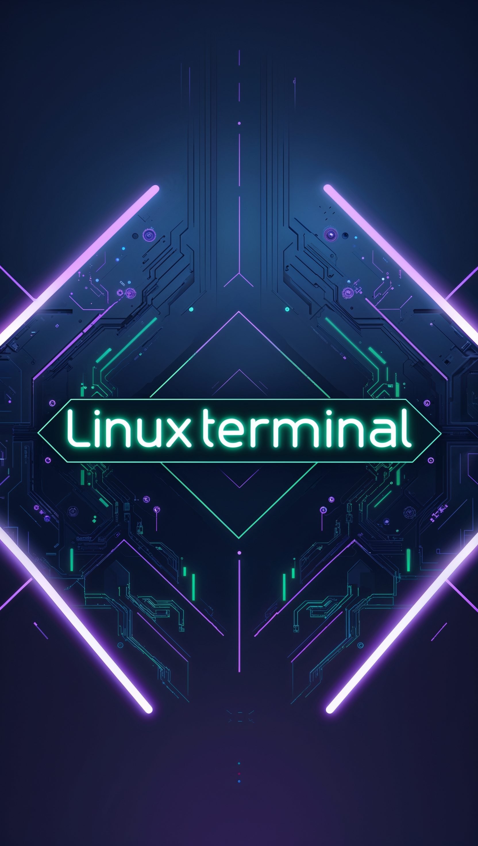 Linux terminal UI on a dark blue tech background