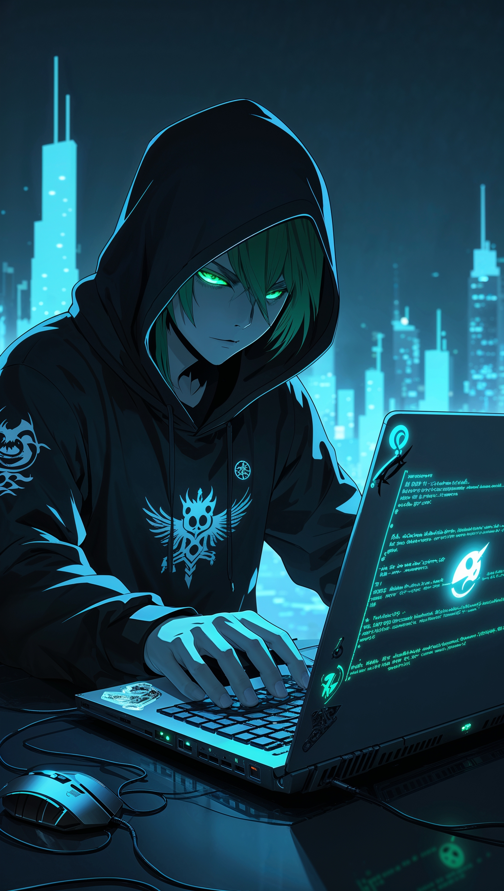 Anime hacker with black hoodie and Kali Linux laptop