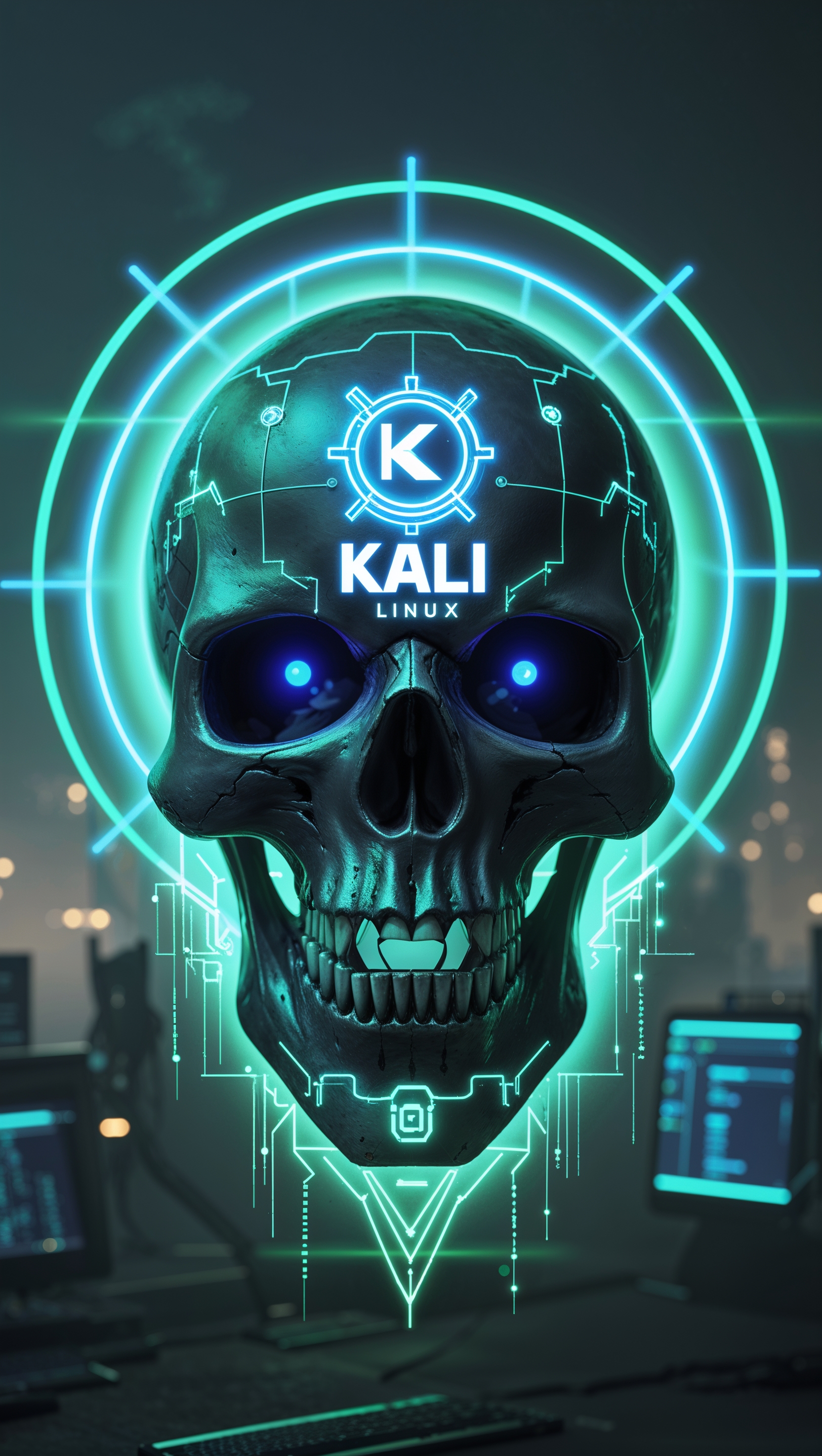 Hacker skull with Kali text in neon effect