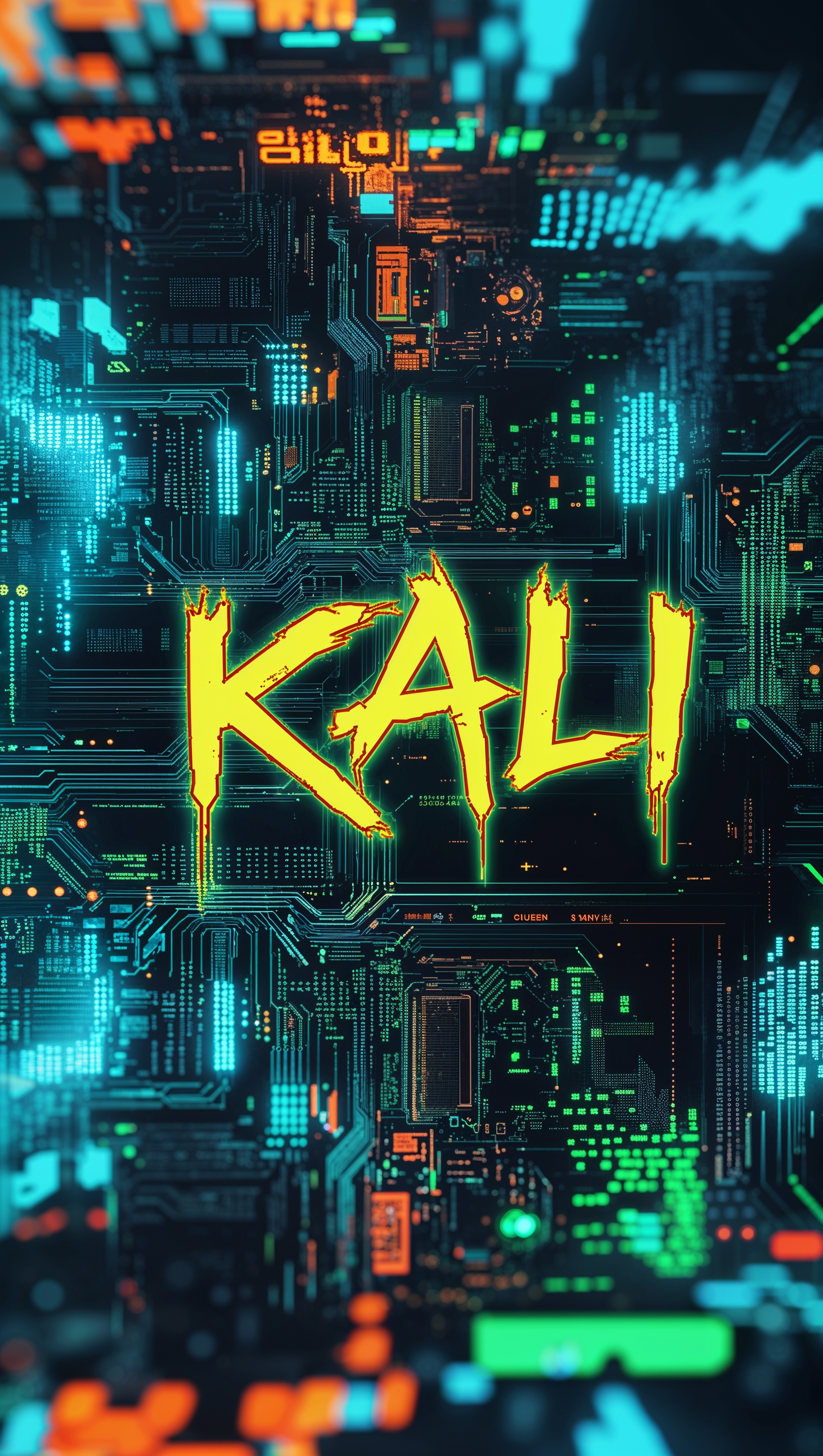 Tech glitch-style wallpaper with Kali text
