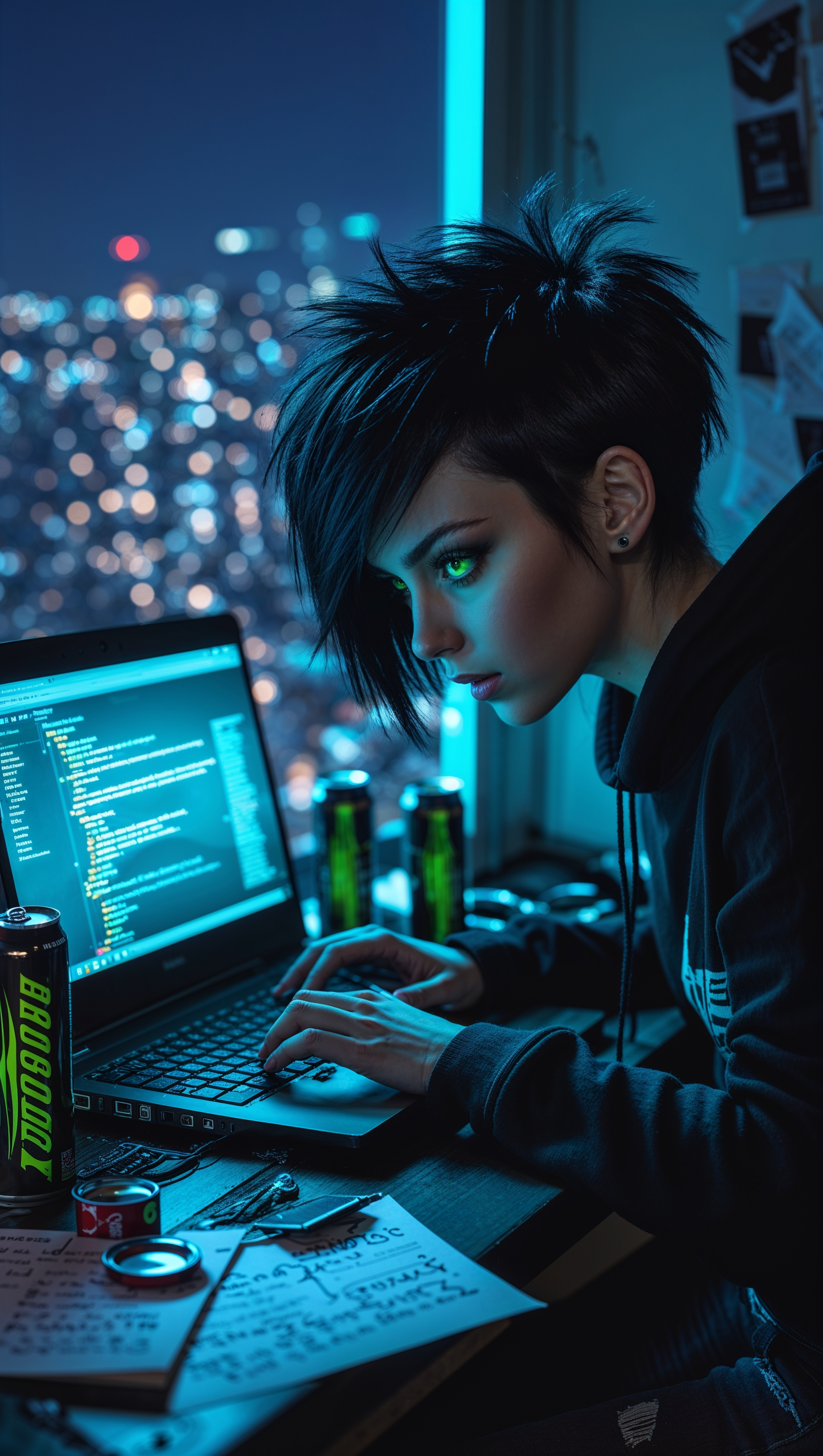 Female hacker at night using Kali Linux