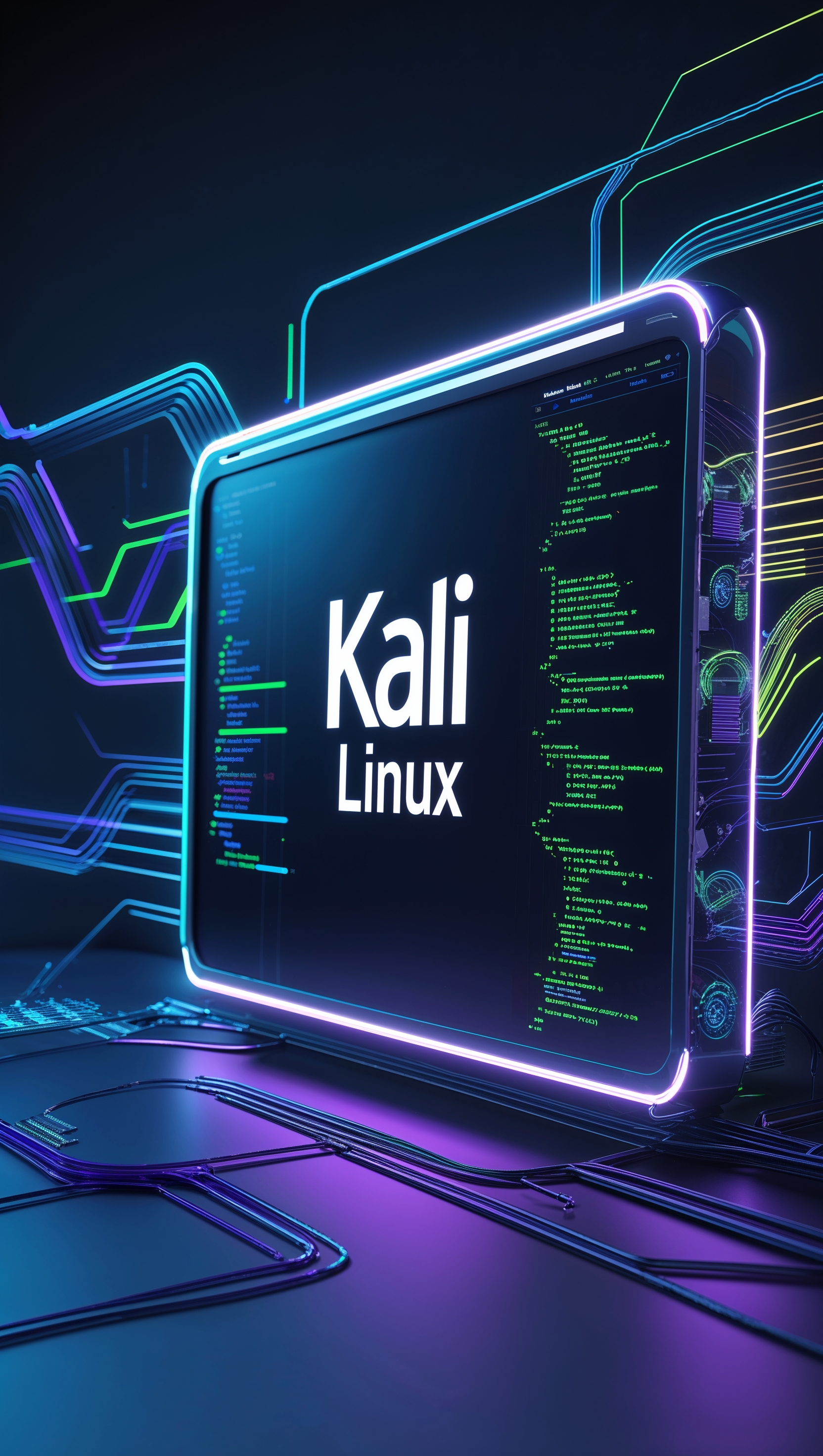 Digital network scene with Kali Linux center