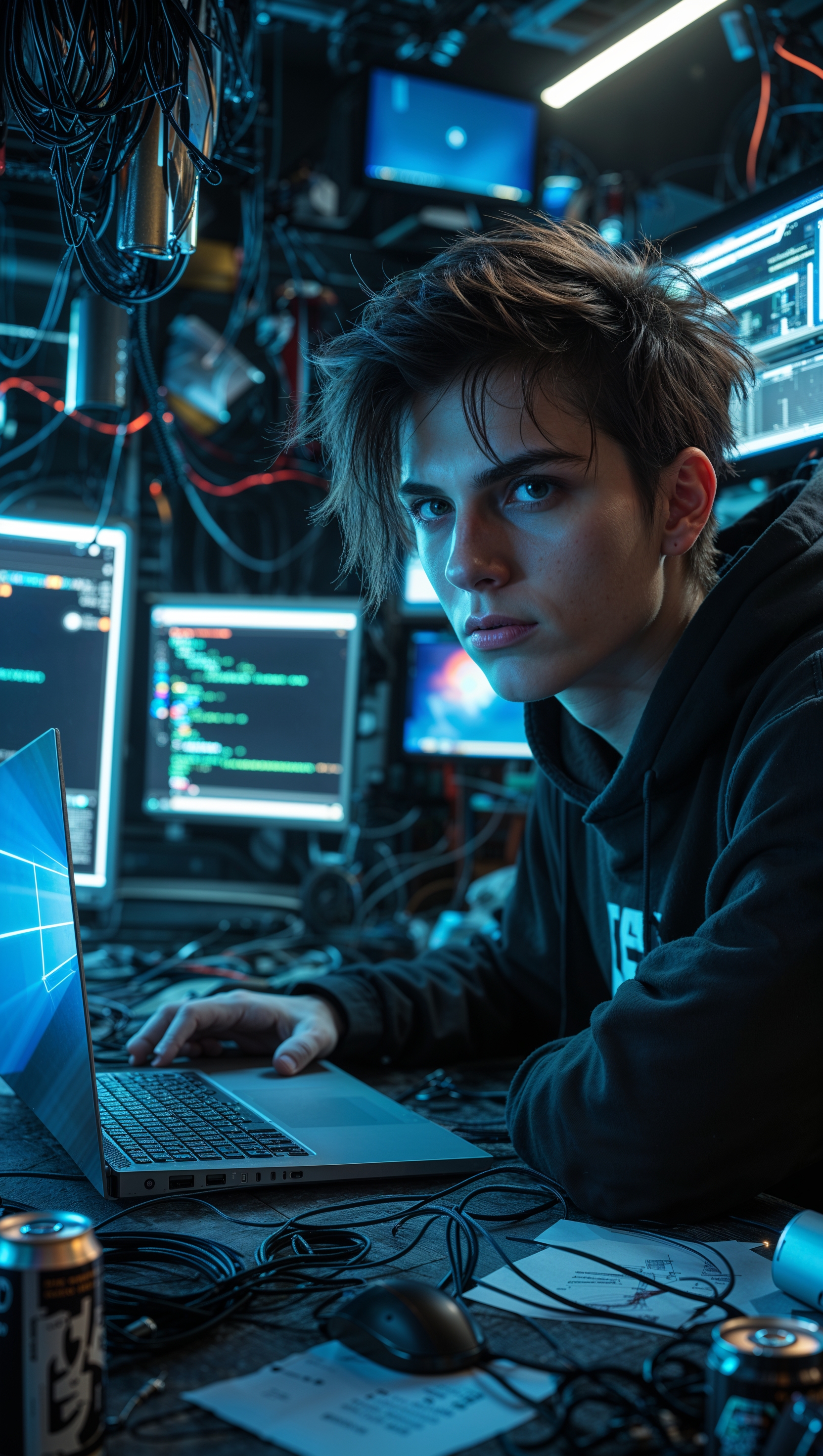 Hacker with laptop running Kali Linux, dim tech room