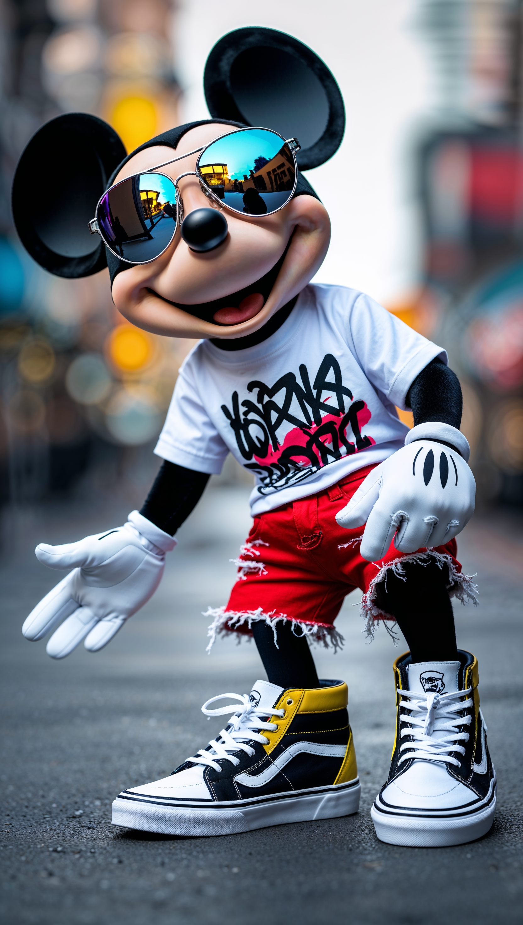 Mickey Mouse wearing sunglasses and modern streetwear