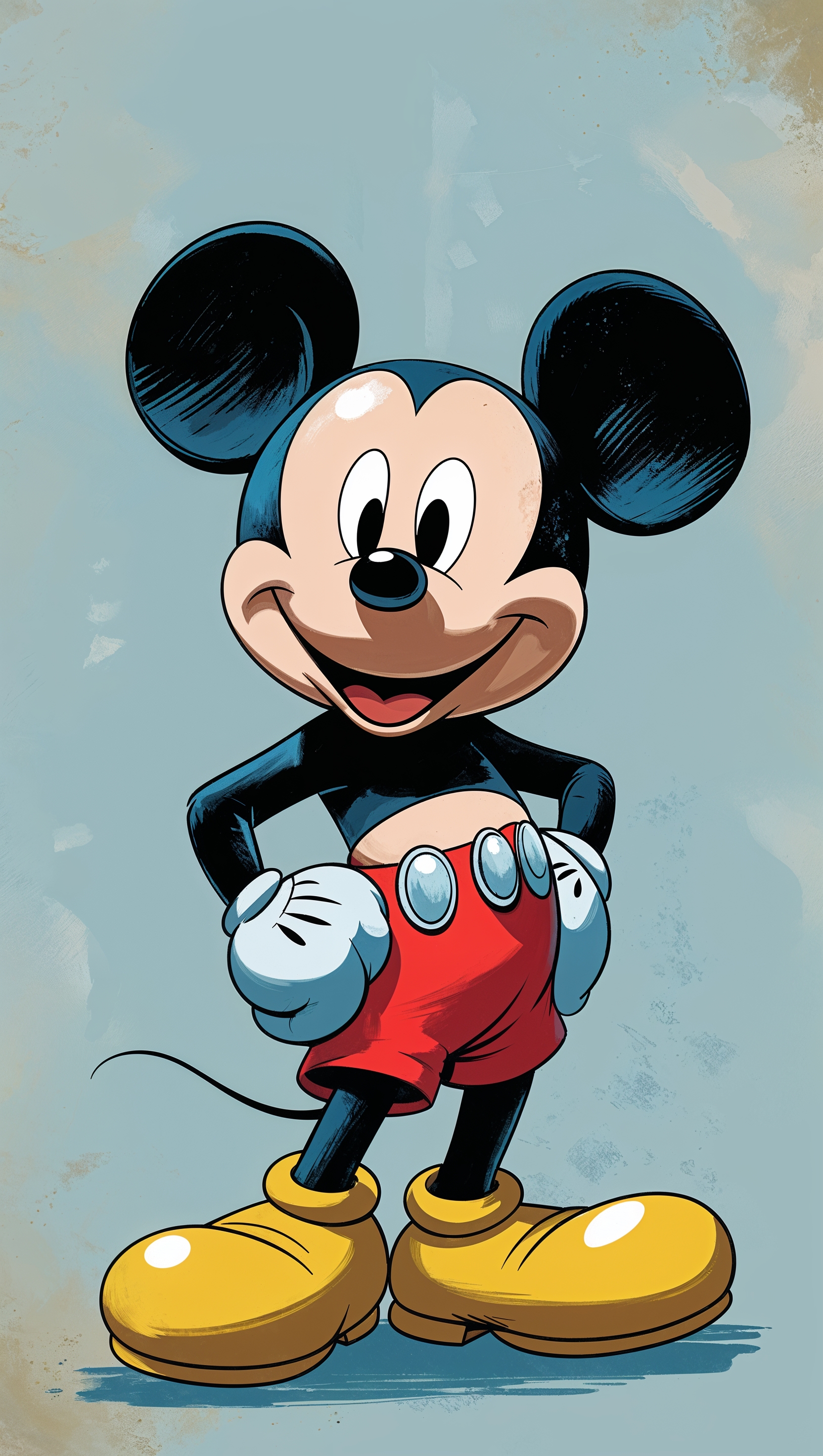 Classic cartoon style Mickey Mouse, light blue background, iPhone wallpaper
