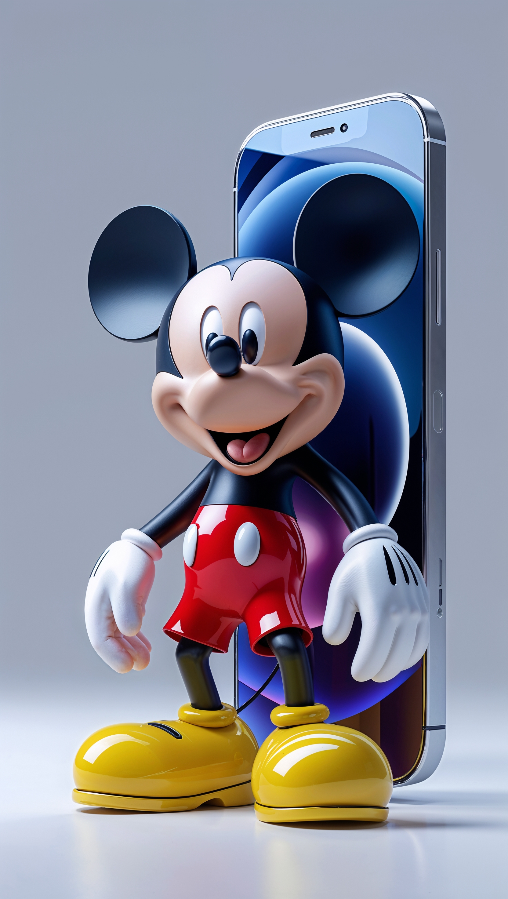 Mickey Mouse next to an iPhone in glossy 3D style