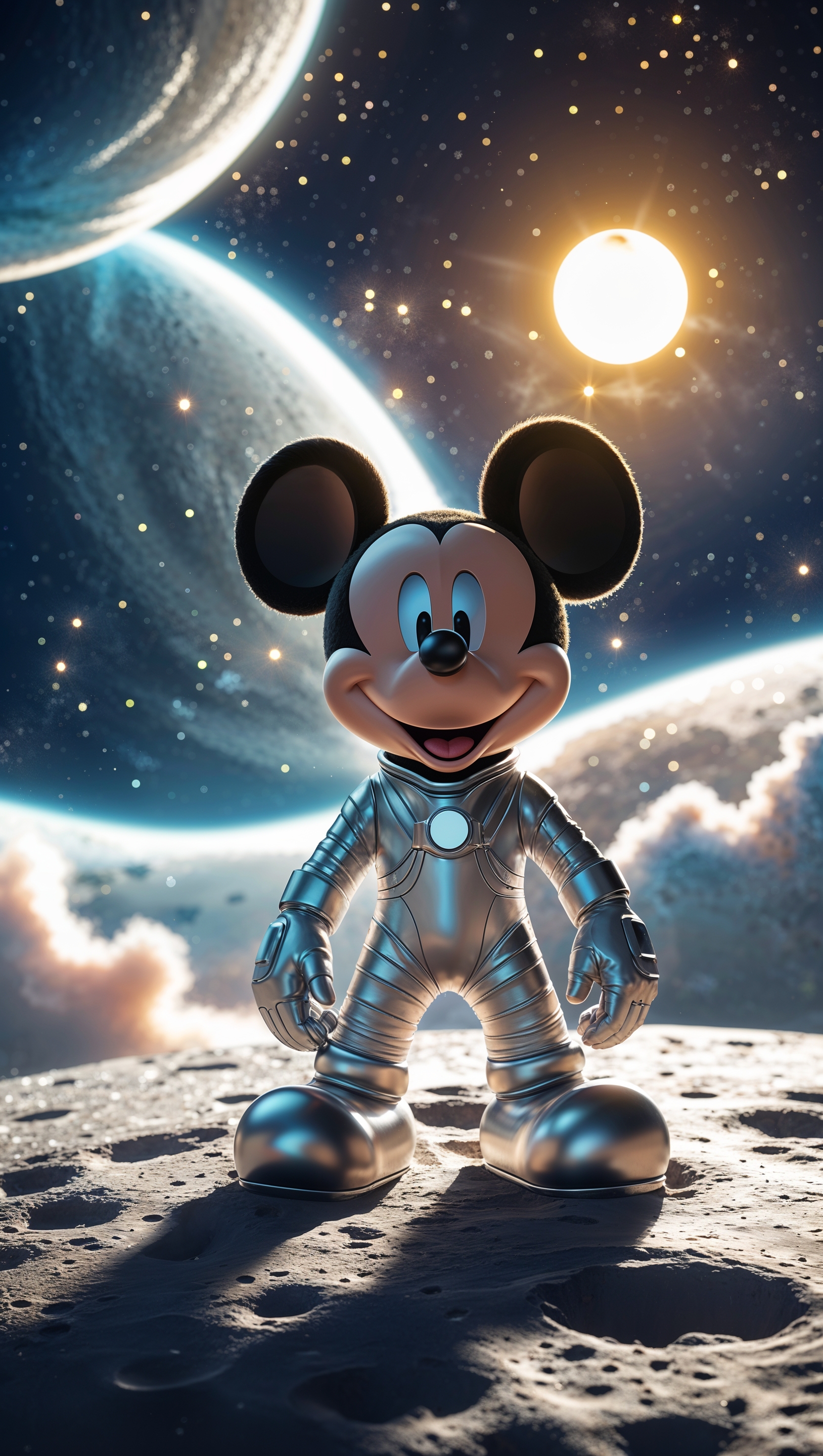 Mickey Mouse on the moon, beautiful space background