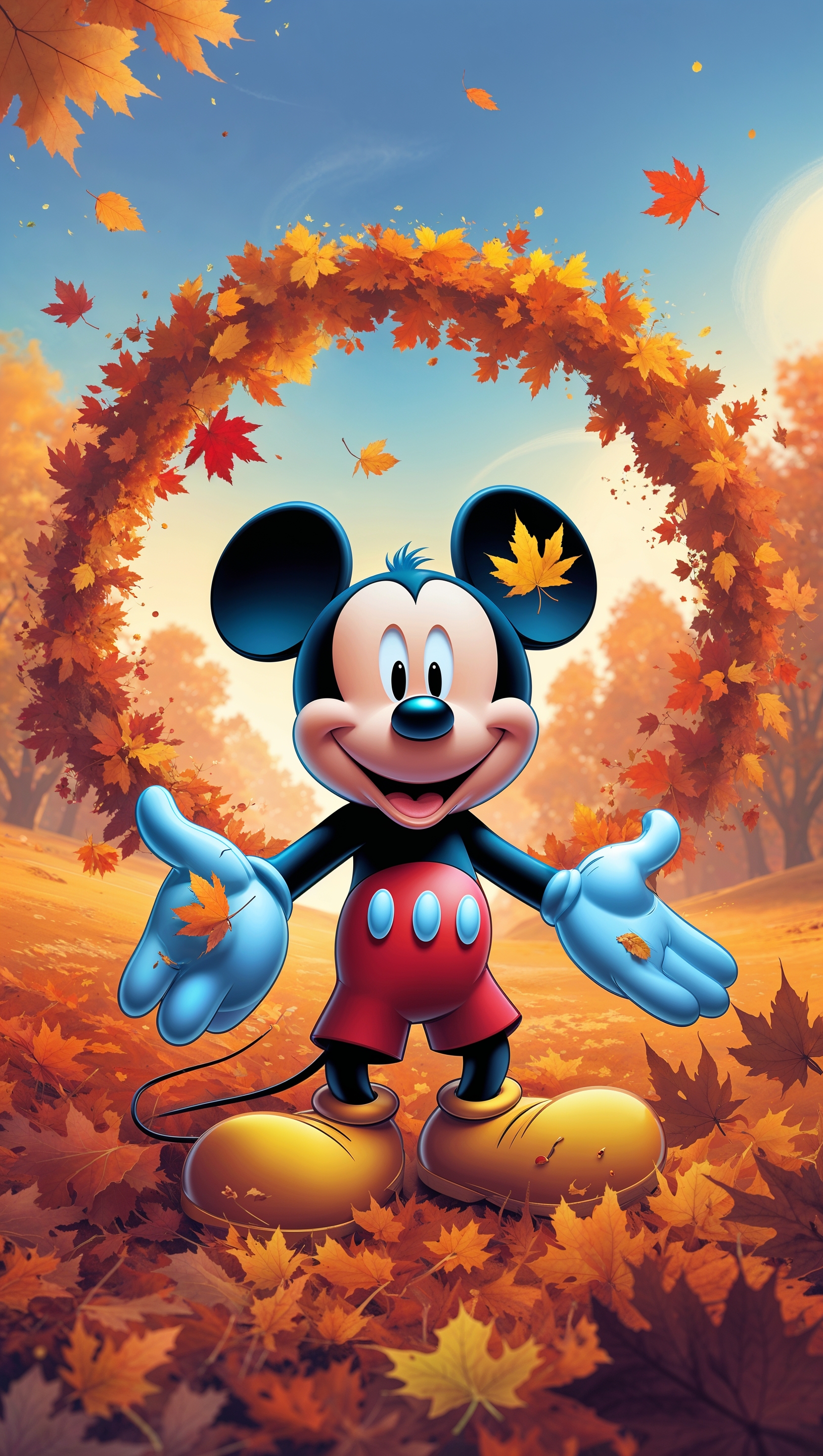 Mickey Mouse in autumn with orange and brown leaves