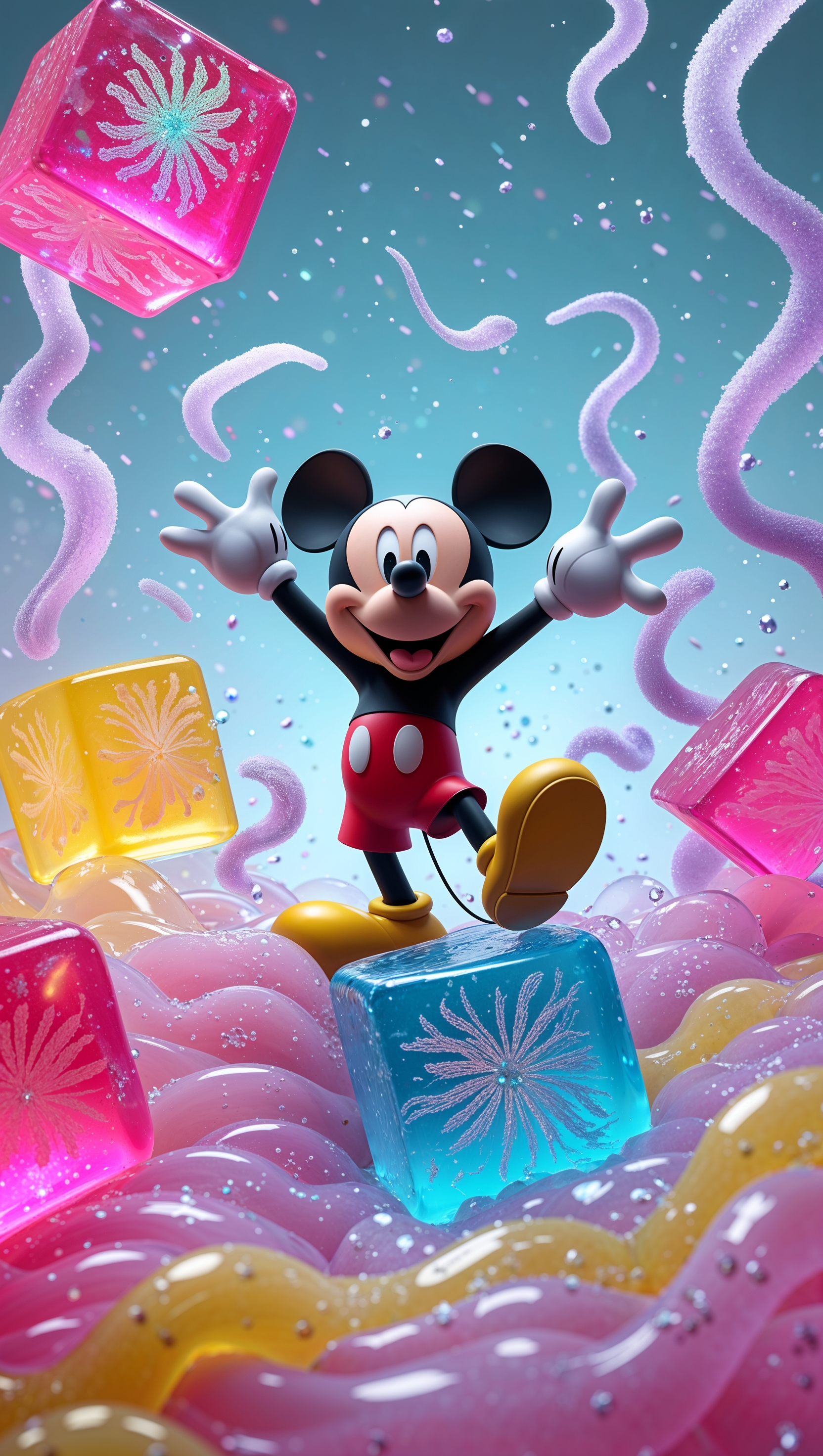 Mickey Mouse in a colorful jelly world