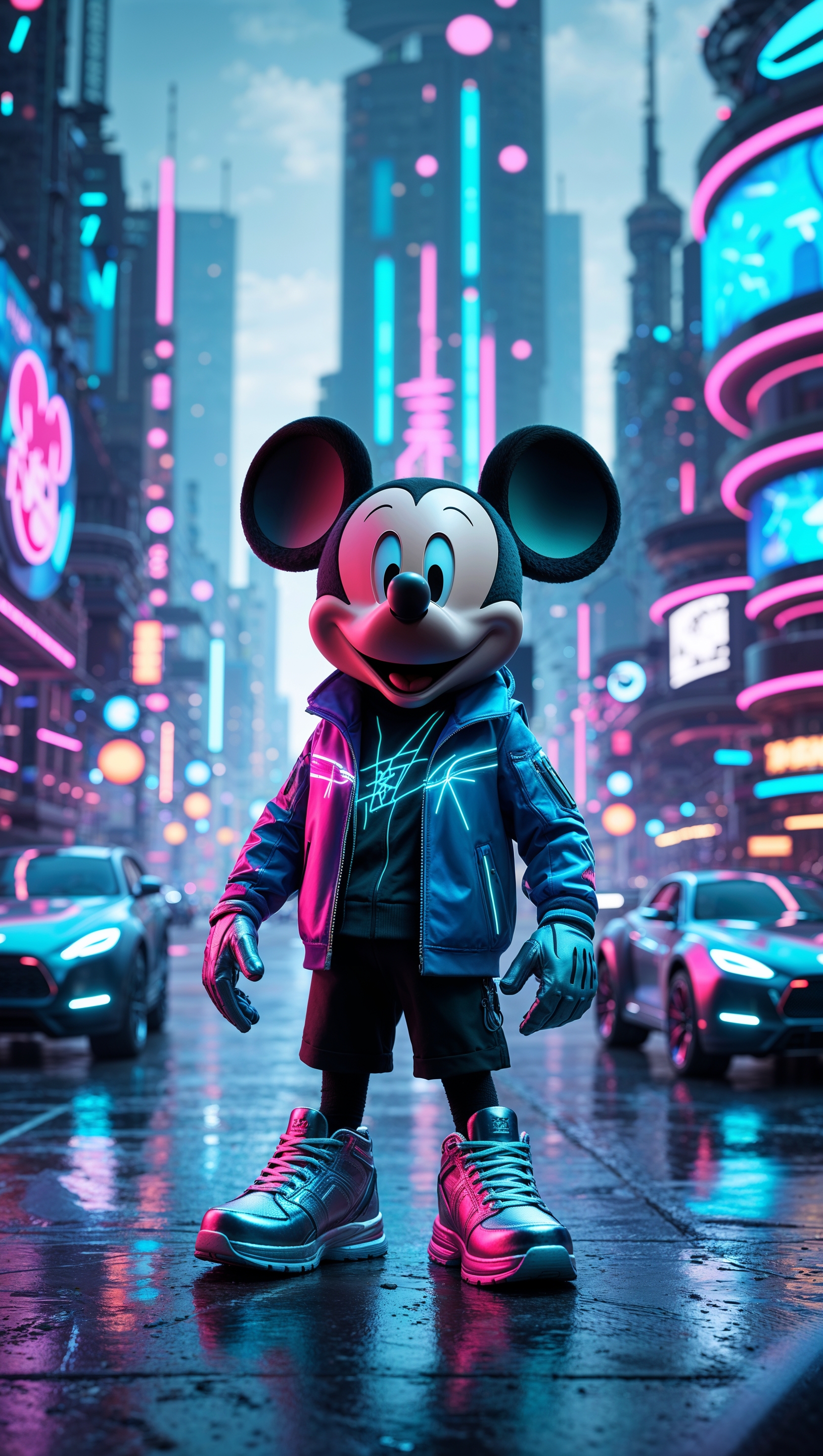 Mickey Mouse in modern clothes in a futuristic city, fantasy style