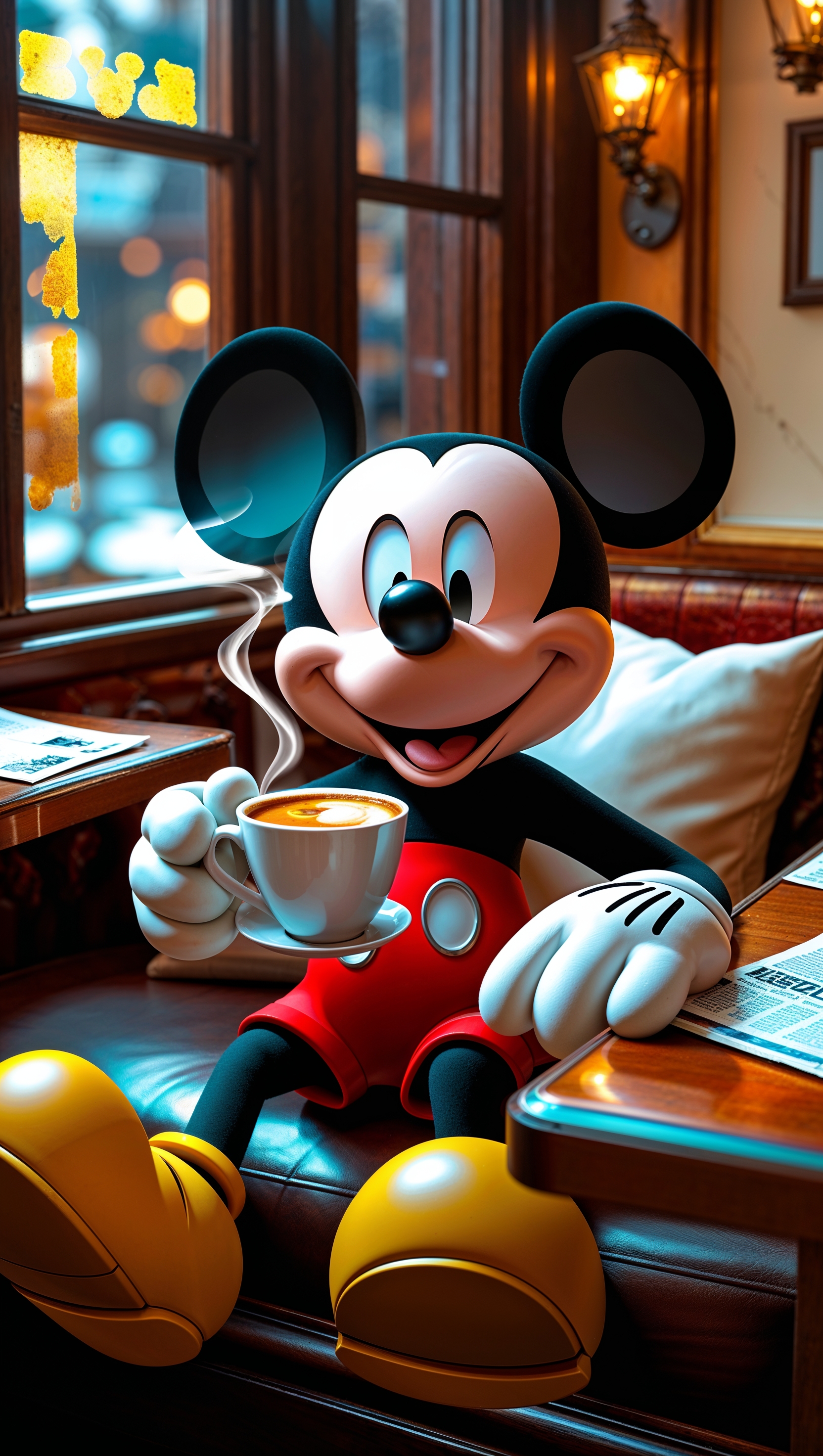 Mickey Mouse drinking coffee in a cozy cafe