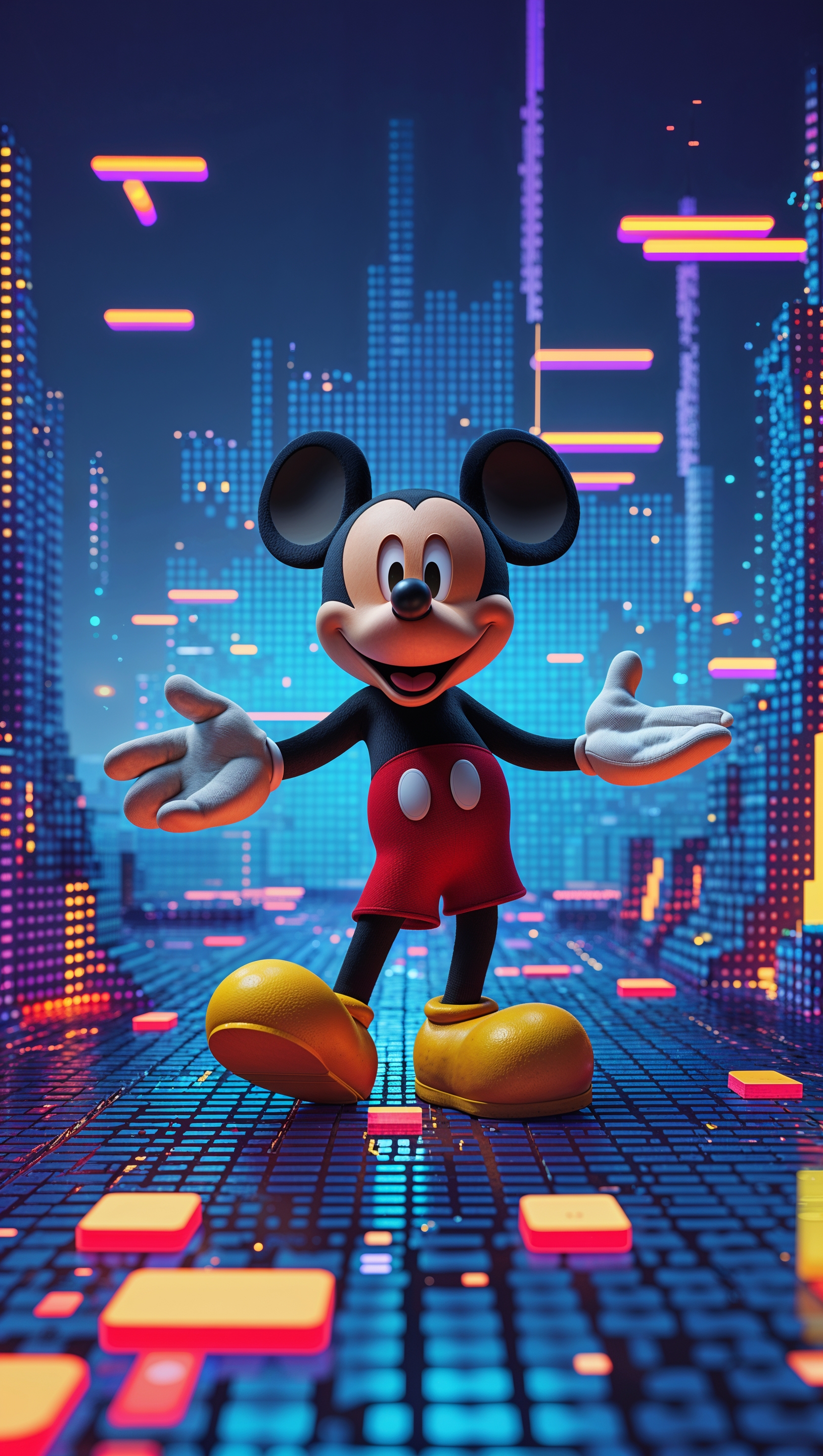 Mickey Mouse in a pixelated digital world