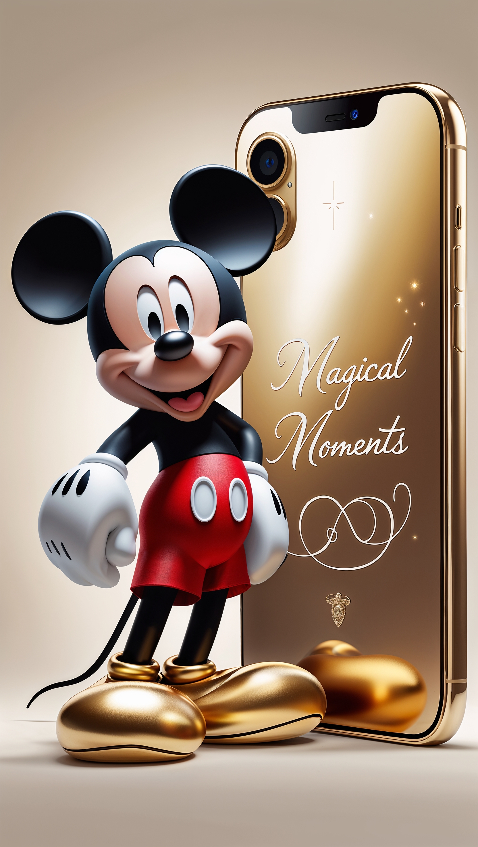 Mickey Mouse next to a golden iPhone, luxury design