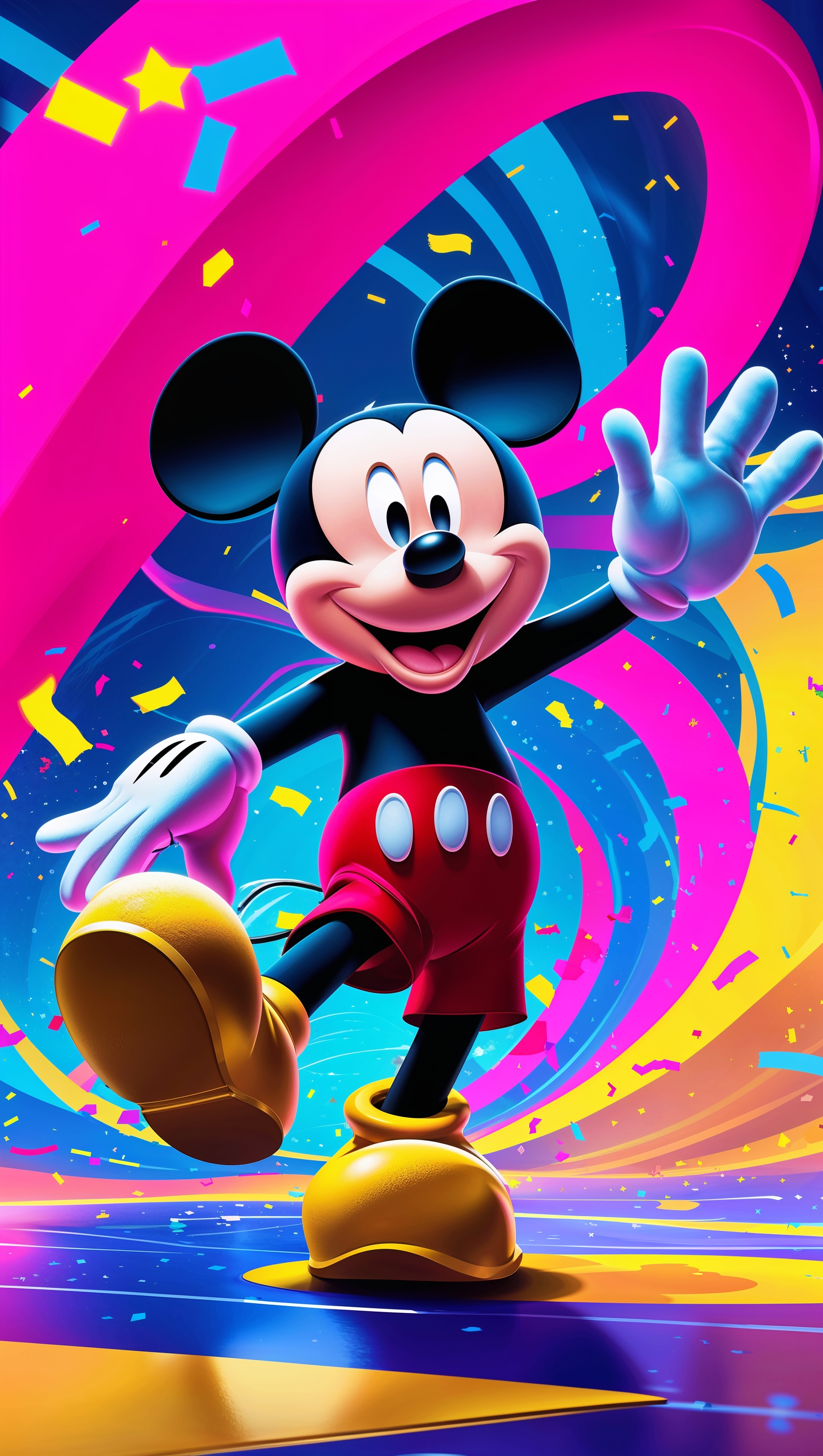 Mickey Mouse dancing to pop music, colorful background