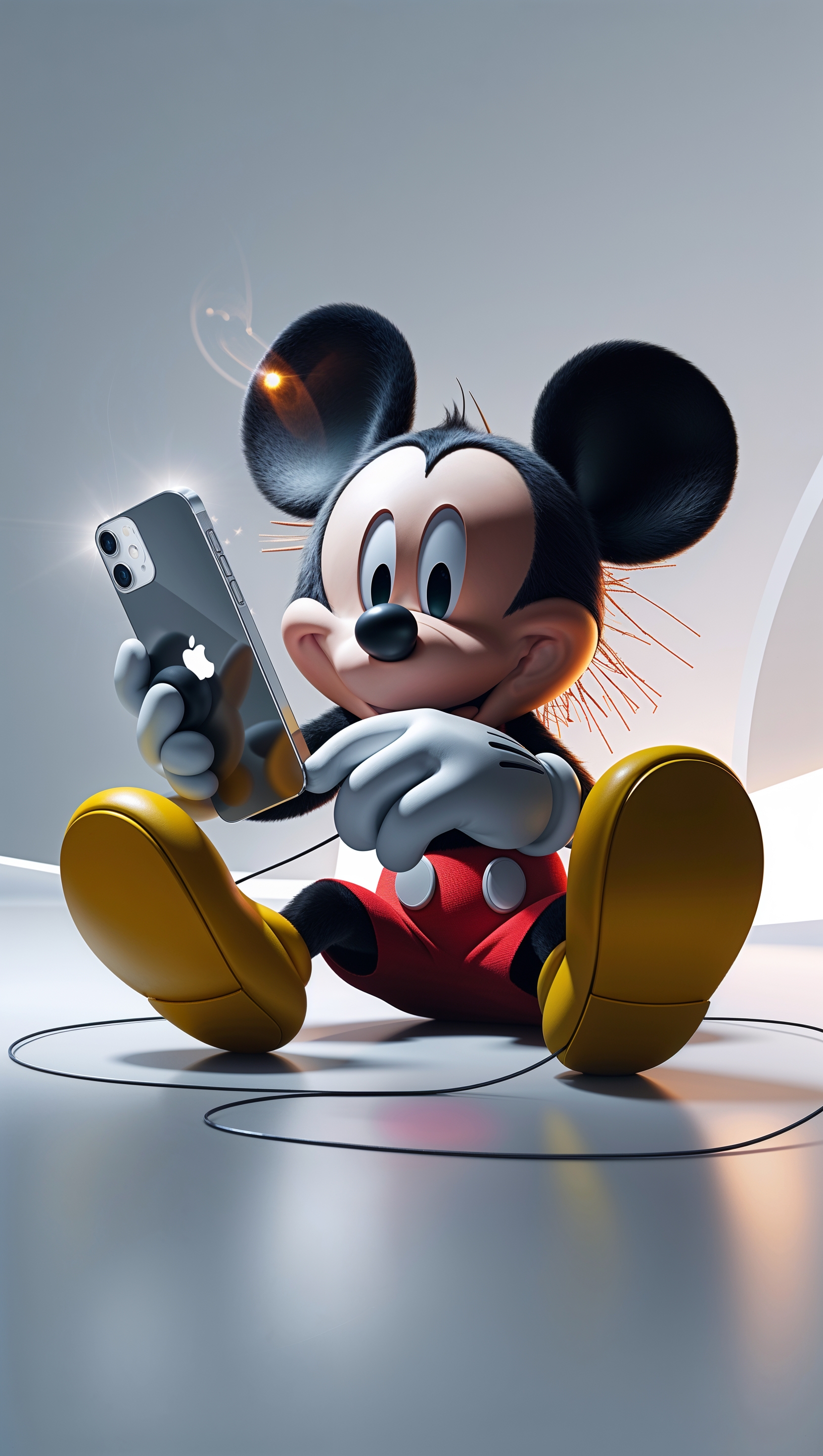 Mickey Mouse playing with an iPhone, modern design