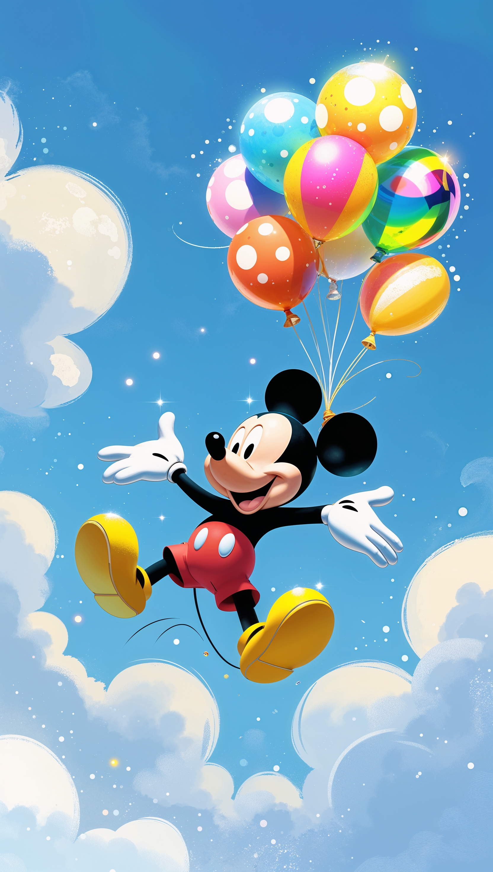 Mickey Mouse flying with balloons
