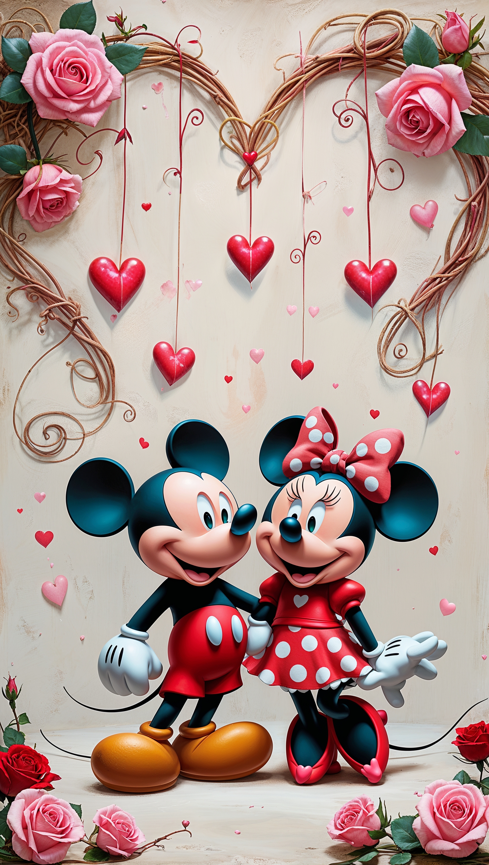 Mickey Mouse and Minnie Mouse with romantic and heart-themed design