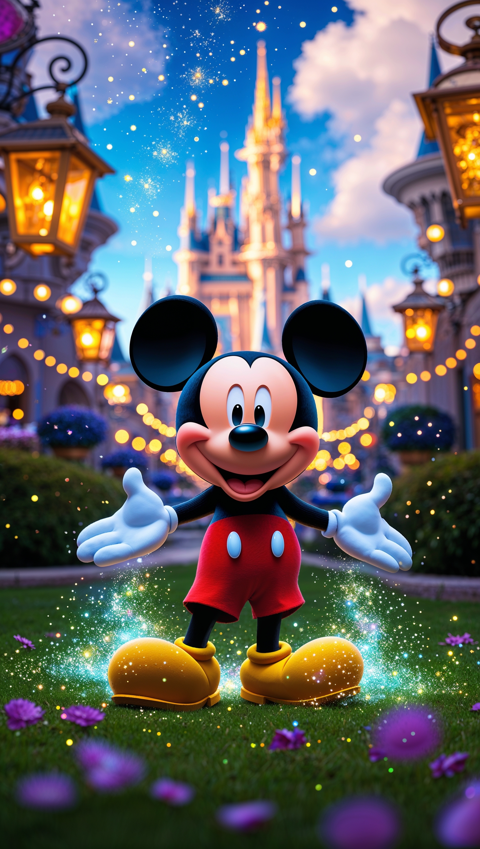 Mickey Mouse in a Disney world with magical lighting