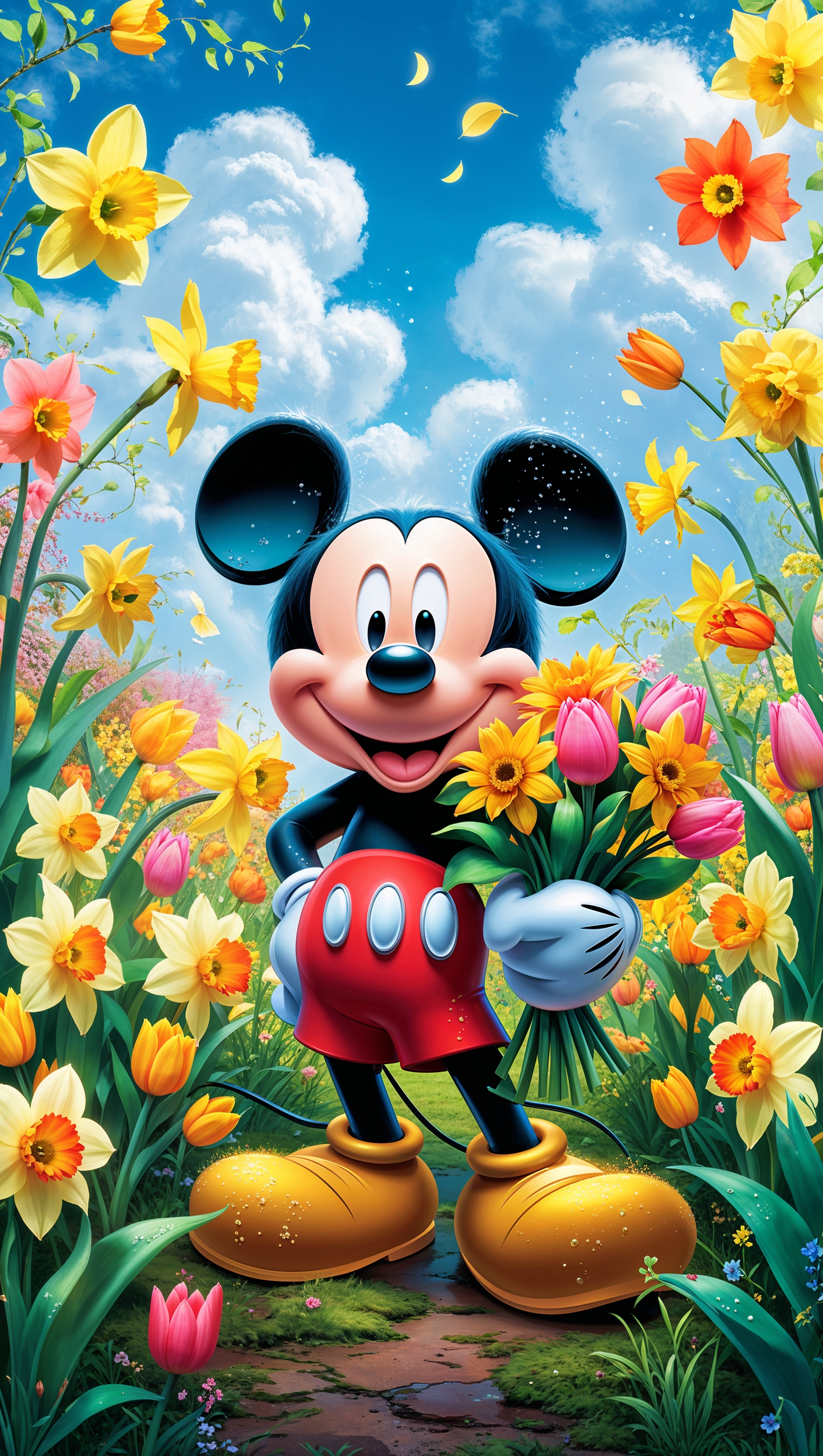 Mickey Mouse in a colorful flower garden, bright and vivid colors