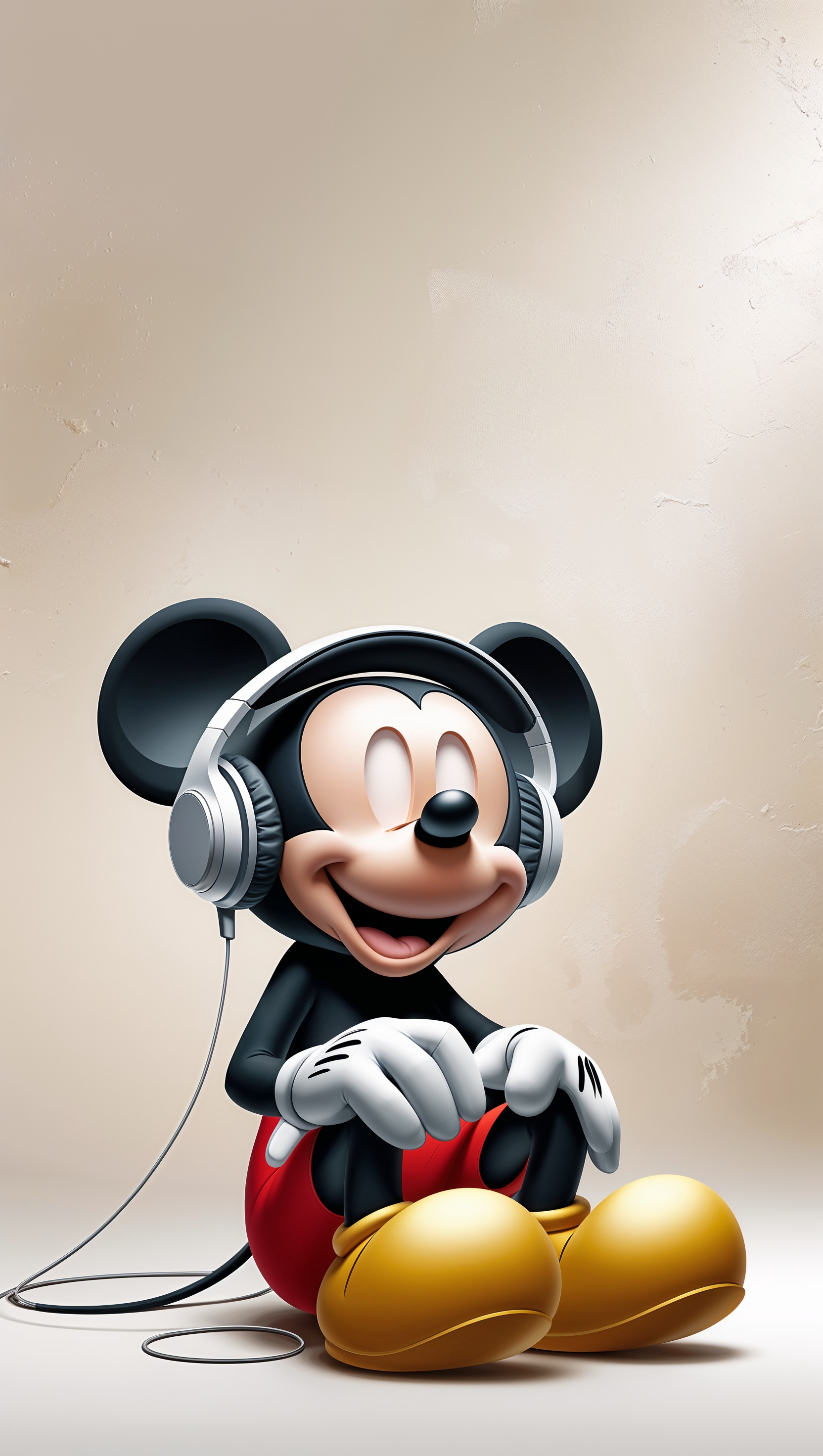 Mickey Mouse listening to music with headphones, light background