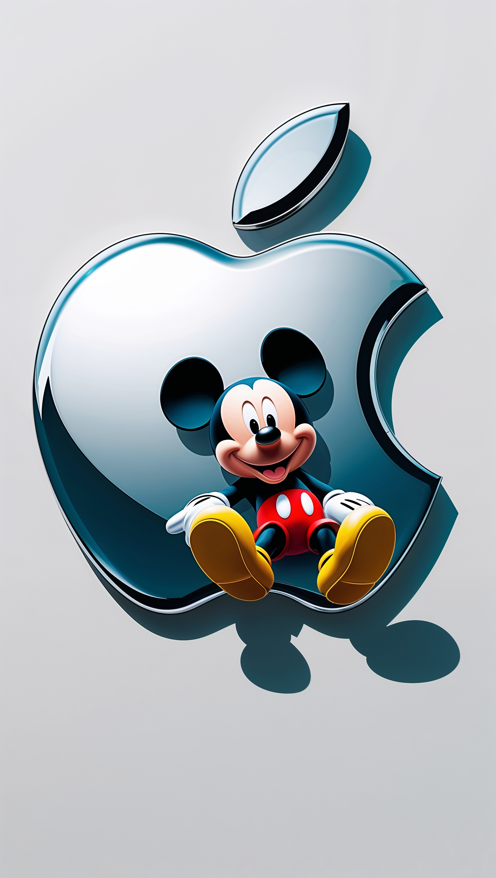 Mickey Mouse sitting on the Apple logo, minimalist design for iPhone wallpaper