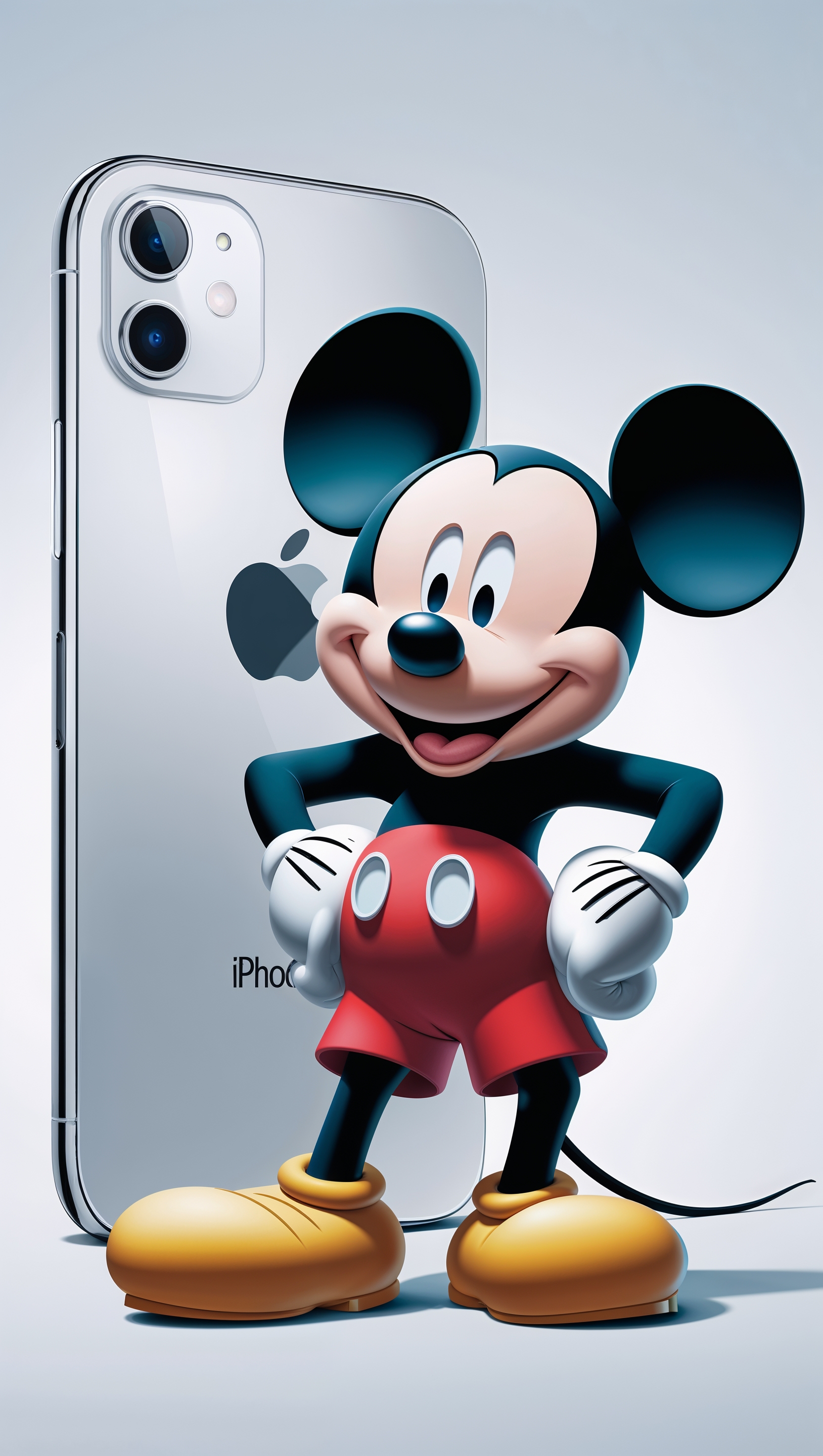 Mickey Mouse next to iPhone logo, white background