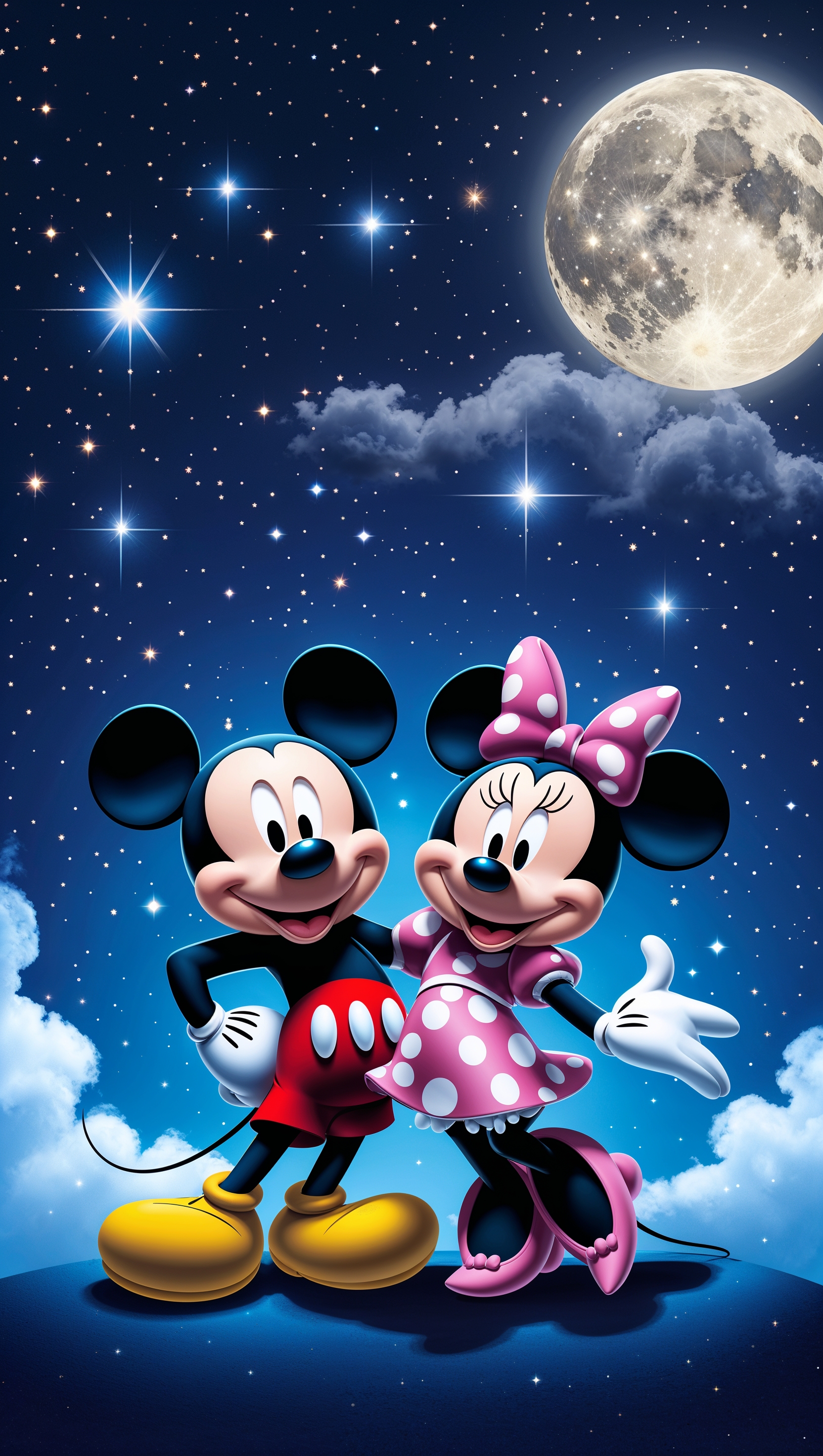 Mickey Mouse with Minnie Mouse under a starry night sky