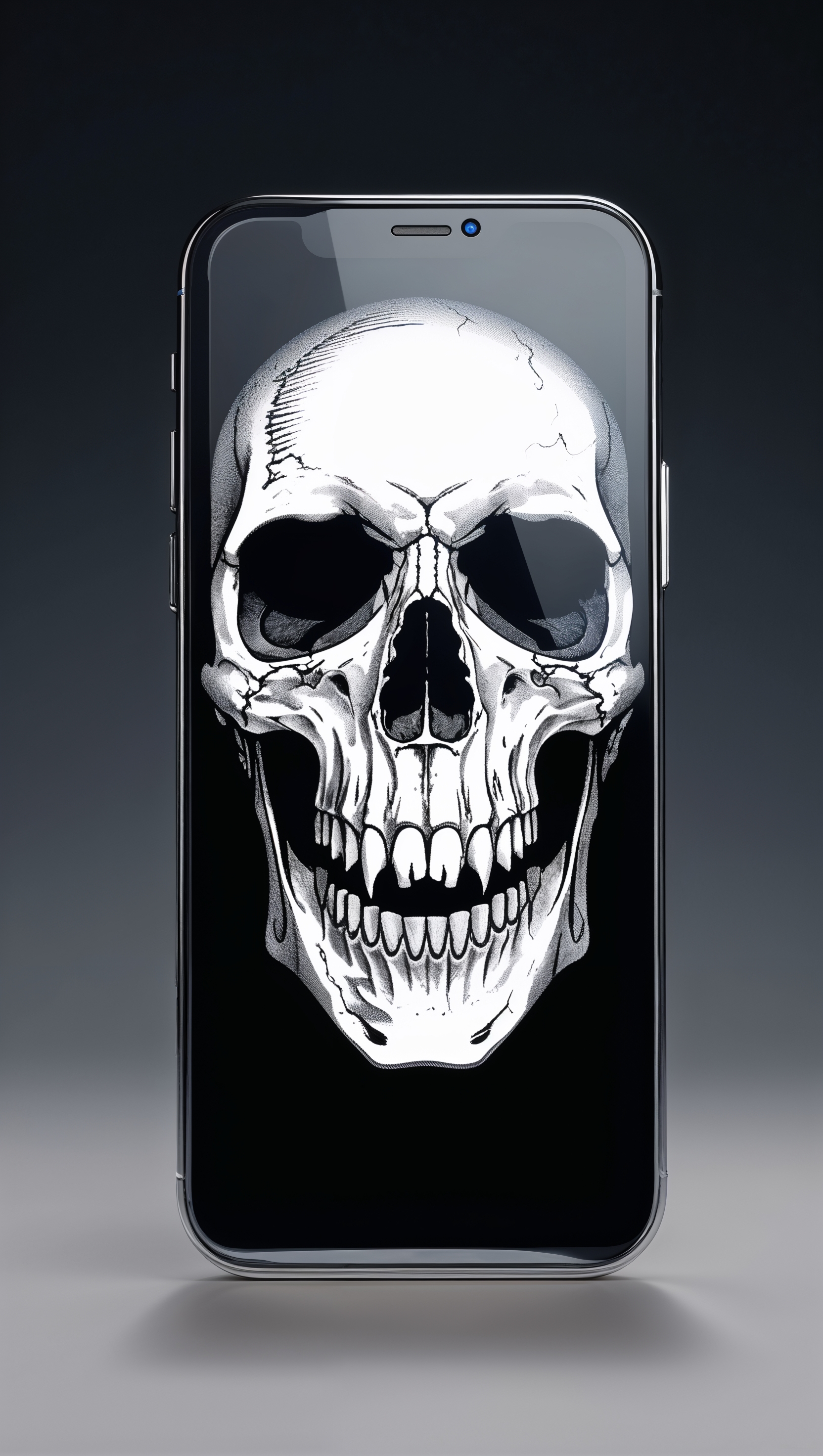 An iPhone with a half-skull screen