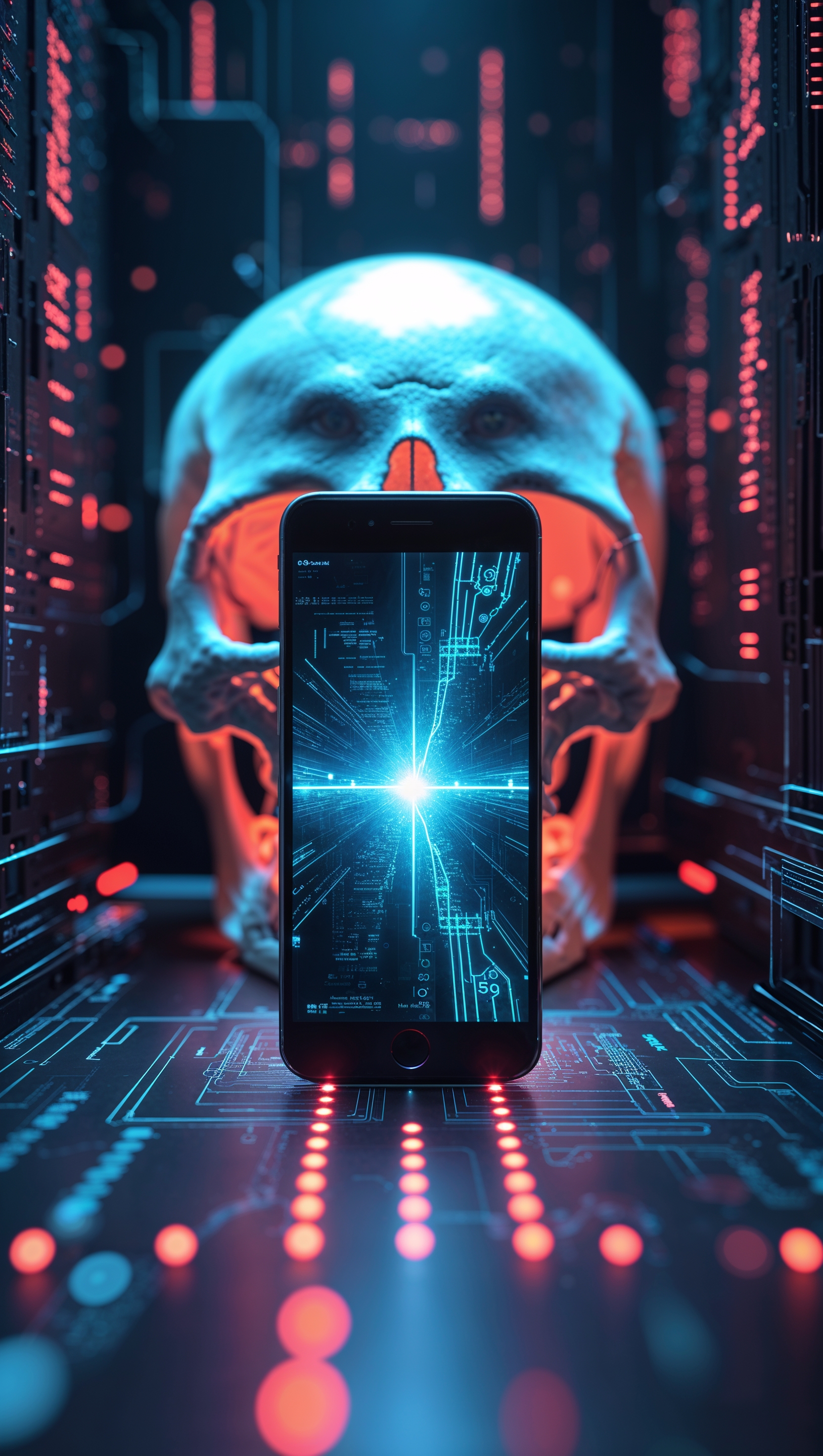 A shadowed design of an iPhone and skull in a cyber environment