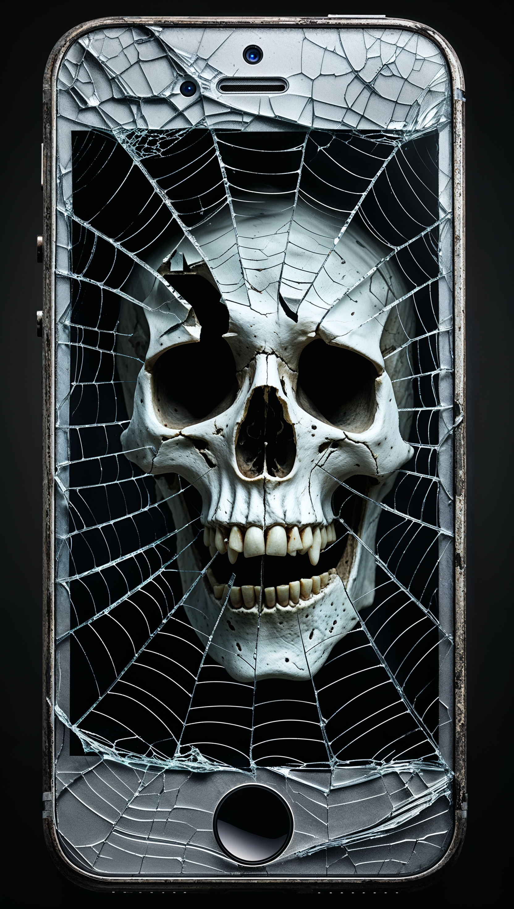 An iPhone with cracked edges and a skull visible from within