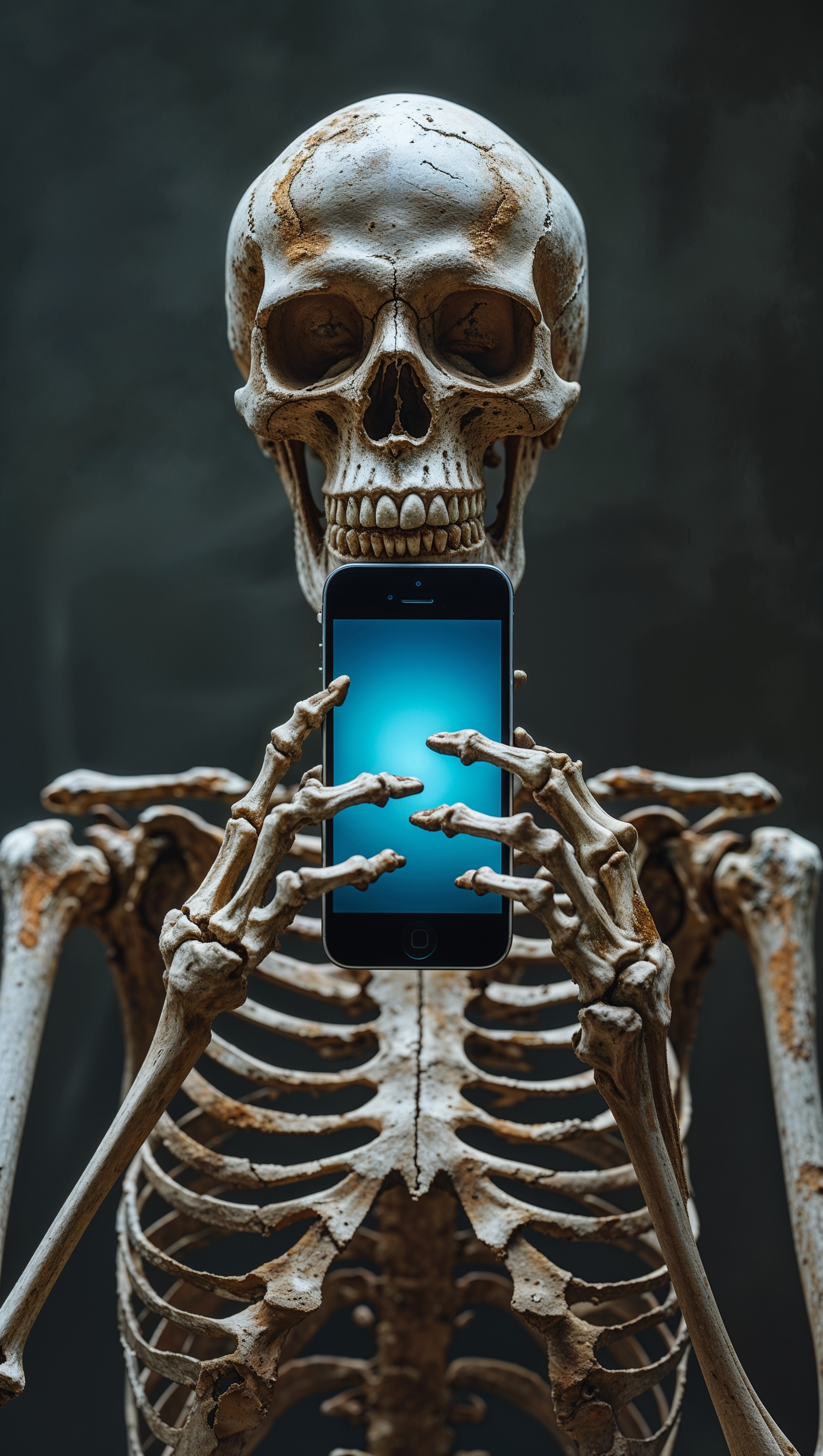 A human skeleton holding an iPhone in its hands